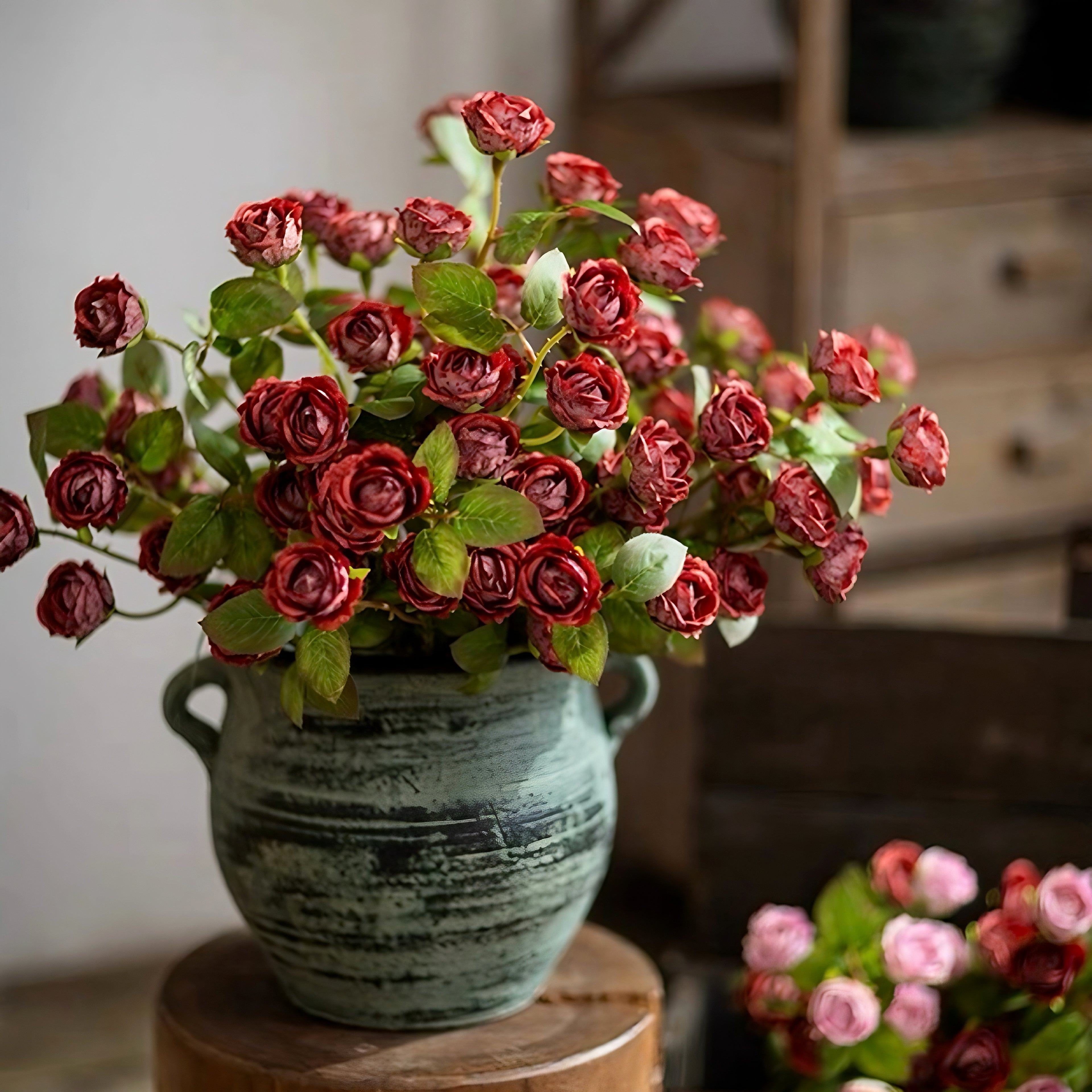 Vintage Crimson Mini Rose Artificial Floral Arrangement with Rustic Elegance