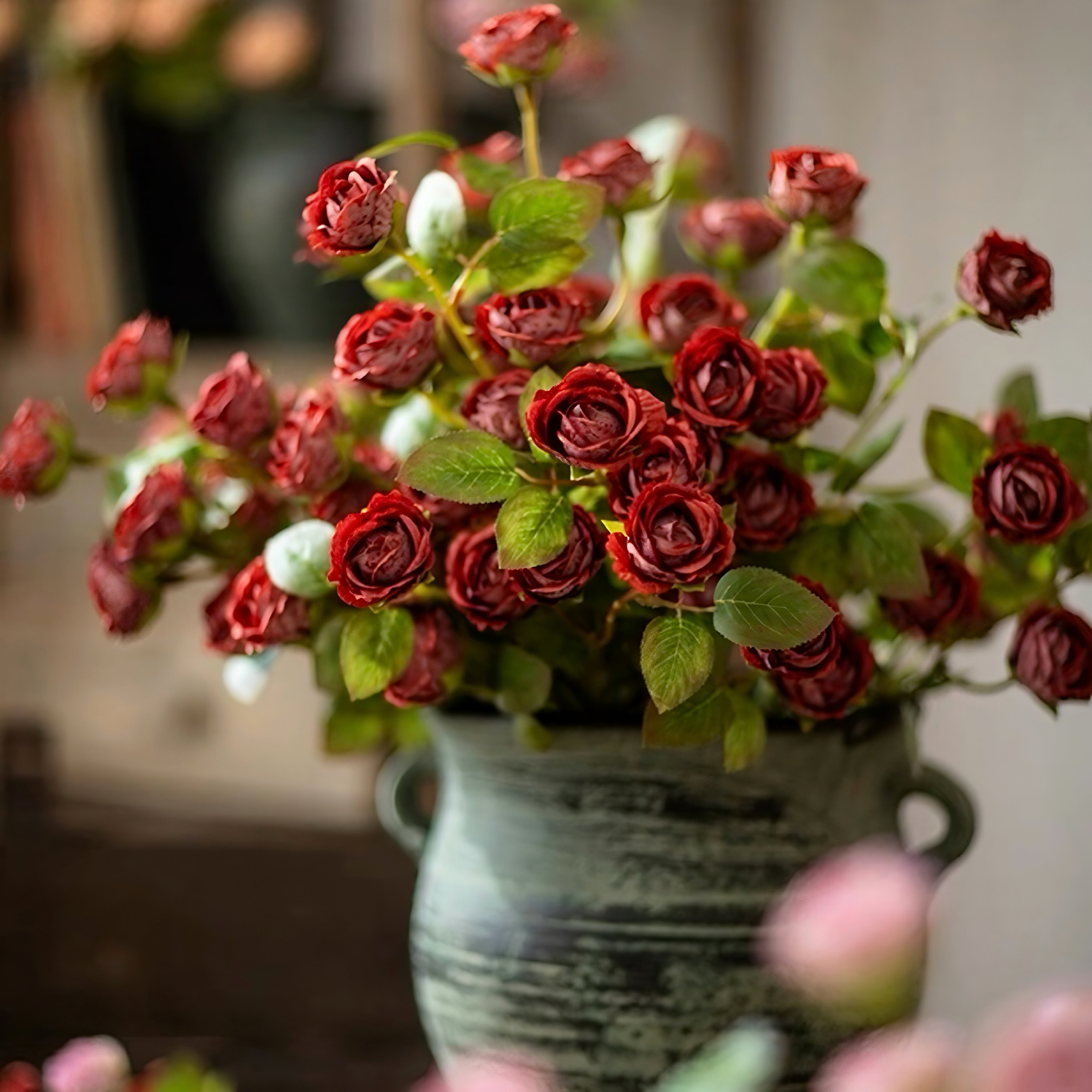 Vintage Crimson Mini Rose Artificial Floral Arrangement with Rustic Elegance