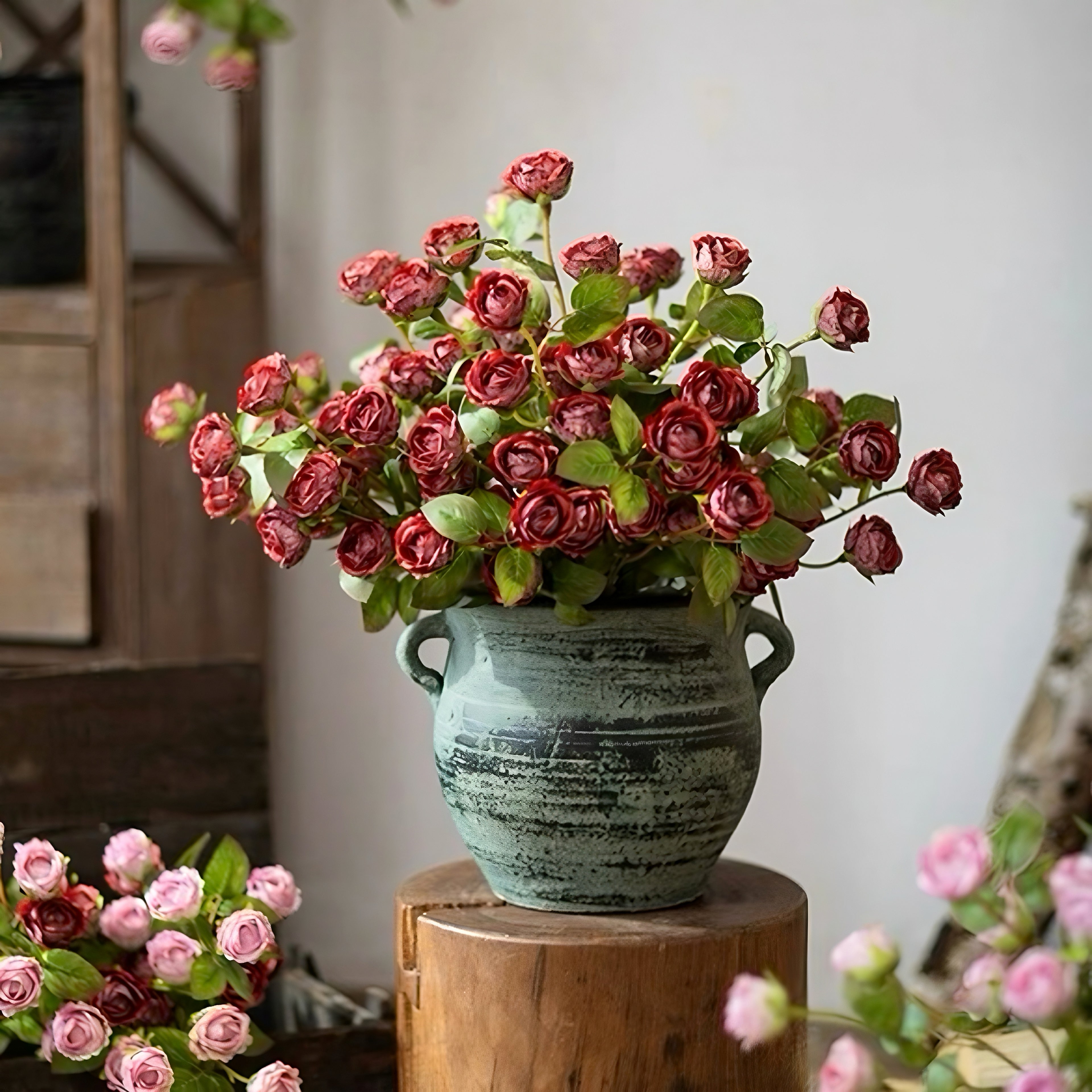Vintage Crimson Mini Rose Artificial Floral Arrangement with Rustic Elegance