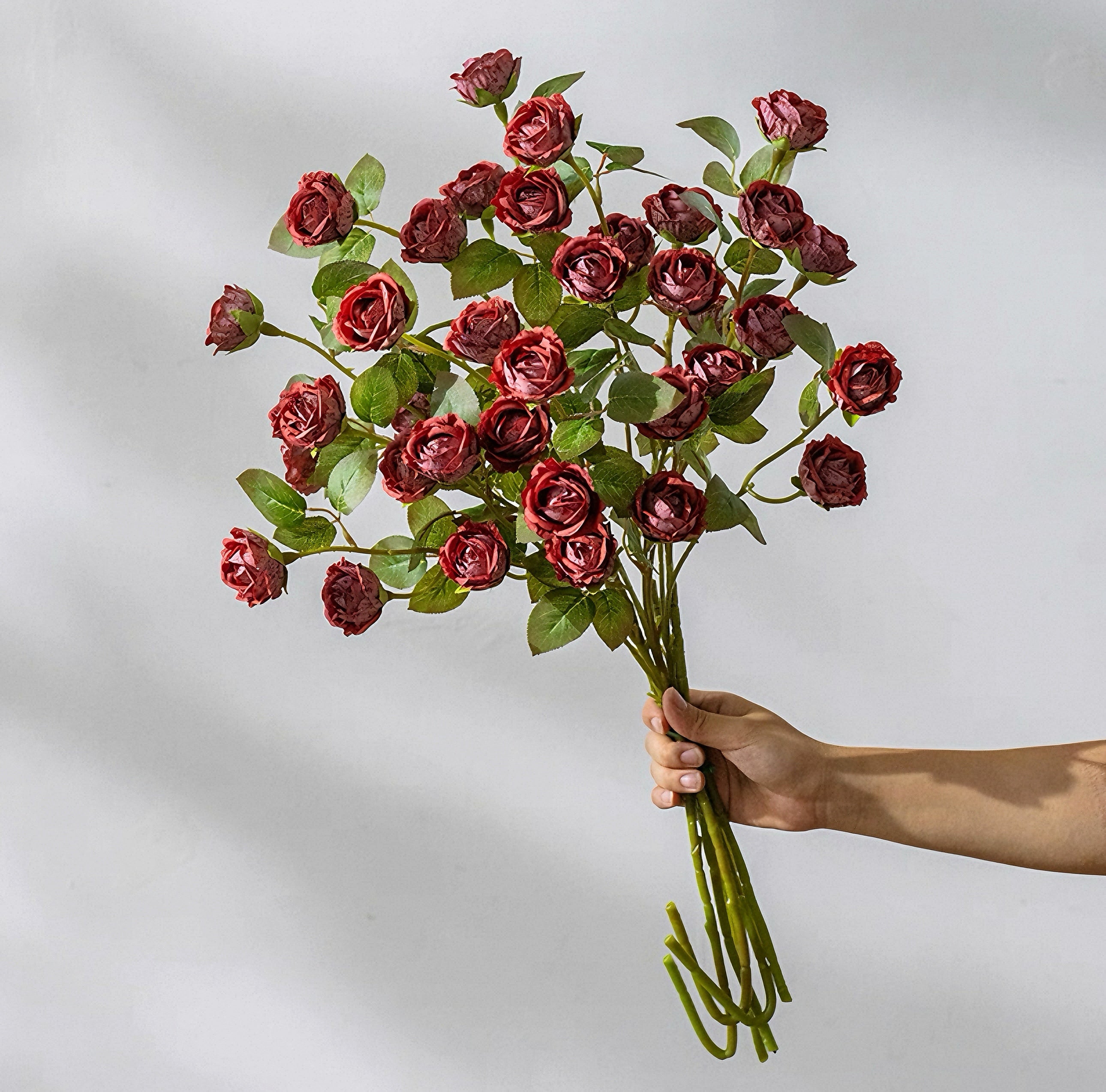 Vintage Crimson Mini Rose Artificial Floral Arrangement with Rustic Elegance