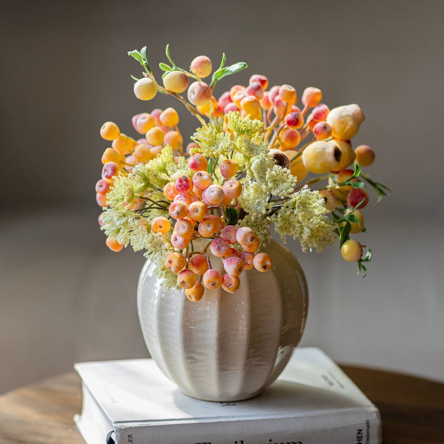 Elegant Orange-Toned Faux Blueberry & Berry Branch Arrangement