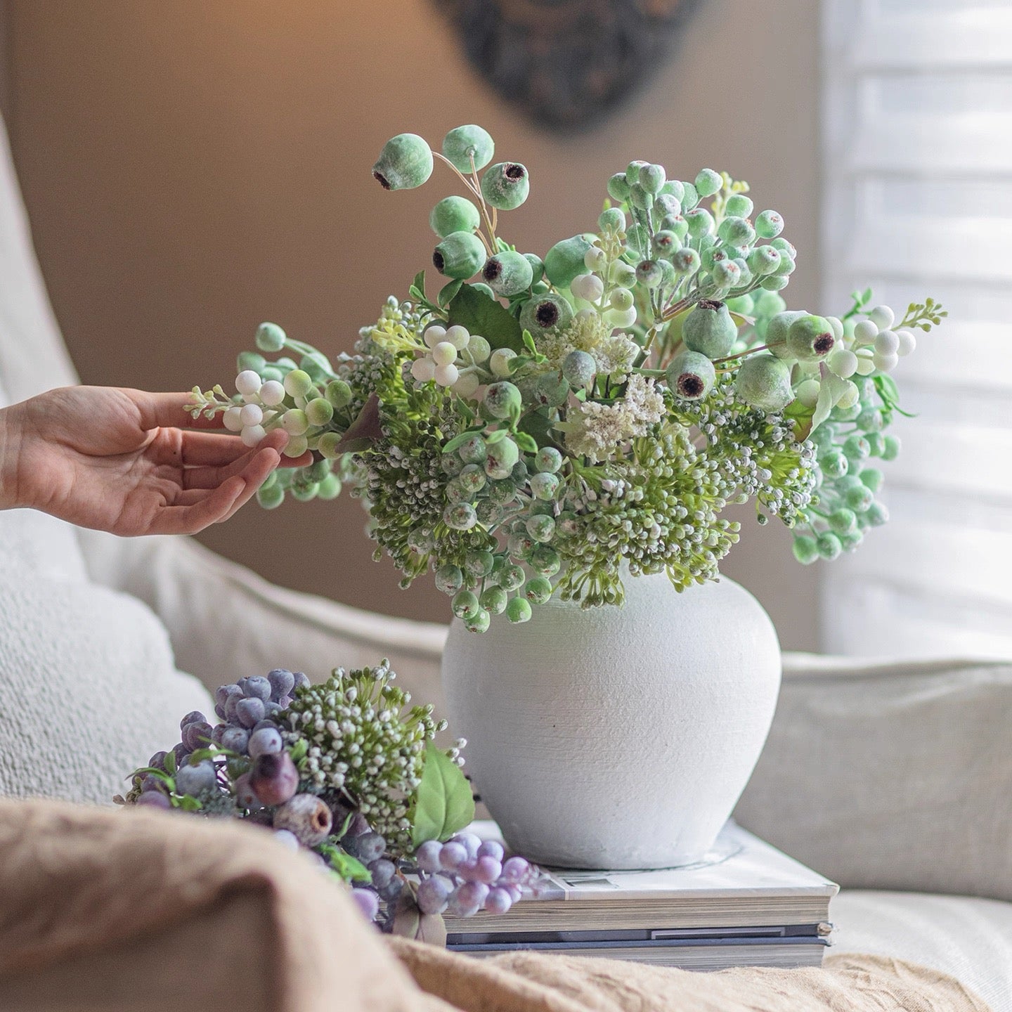 Elegant Green Faux Blueberry & Berry Branch Arrangement