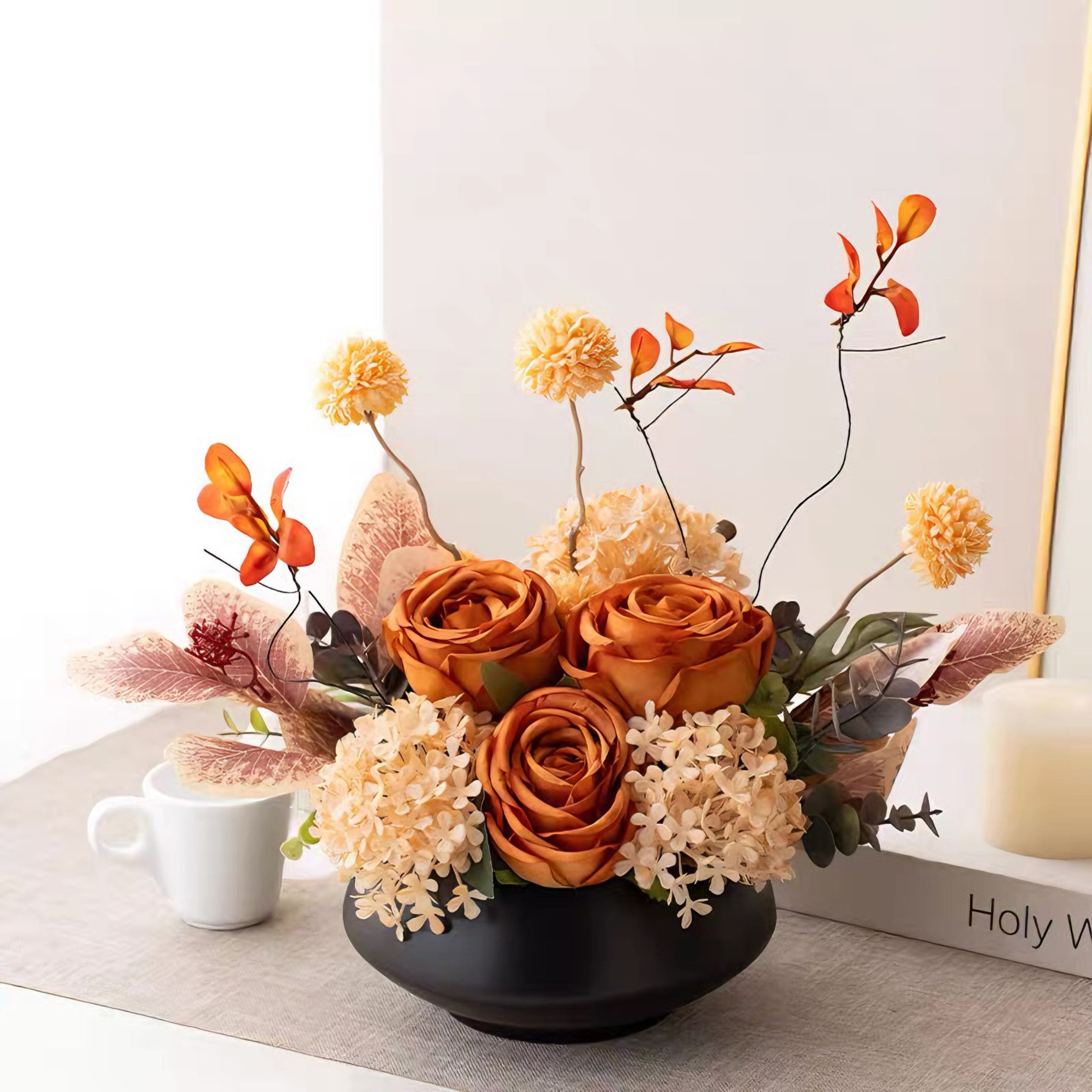 Autumn Rose Artificial Floral Arrangement with Vase
