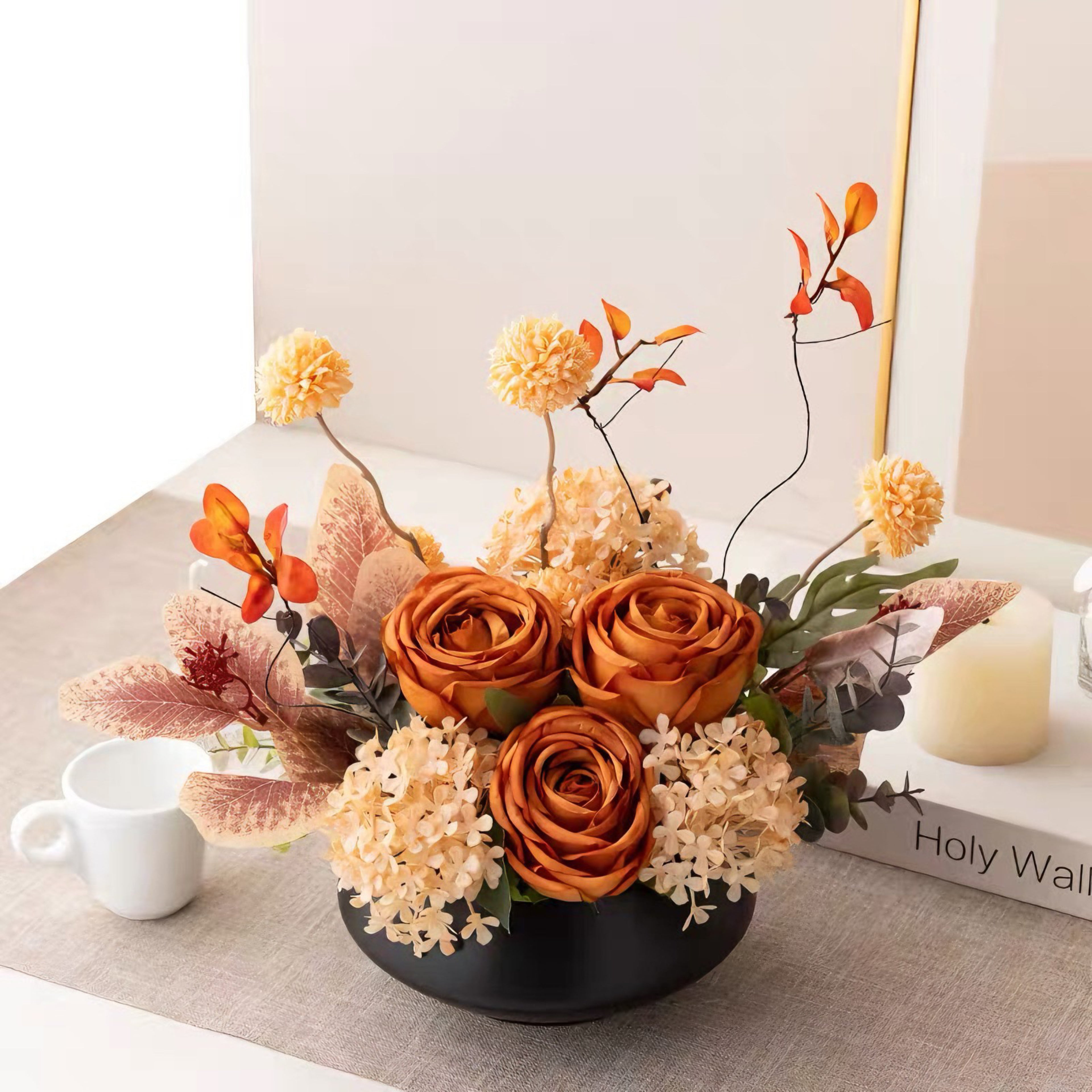 Autumn Rose Artificial Floral Arrangement with Vase