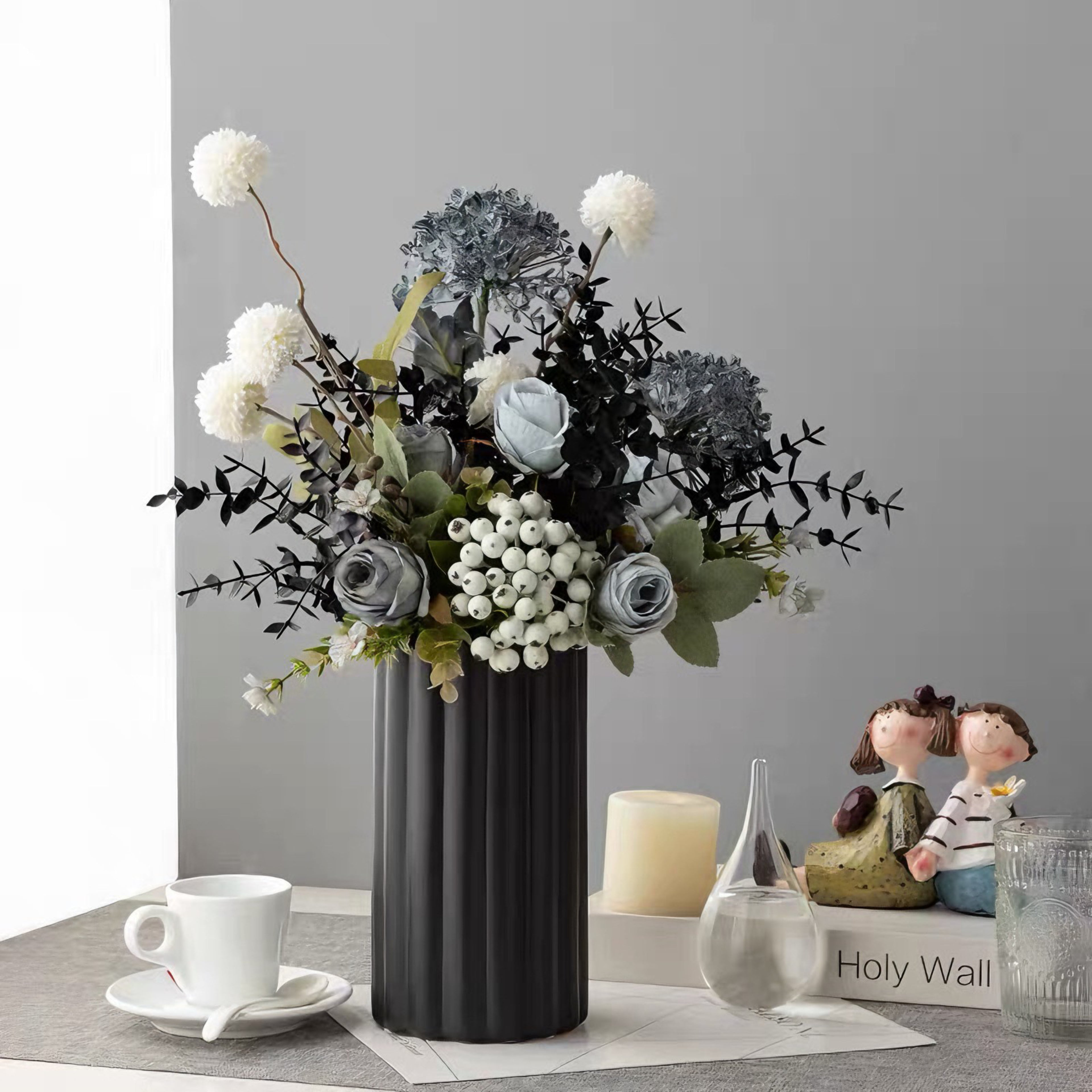 Faux Floral Arrangement - Blue & White Blooms with Dark Foliage