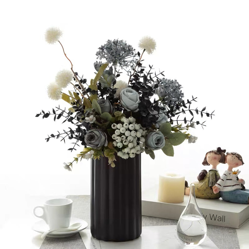 Faux Floral Arrangement - Blue & White Blooms with Dark Foliage