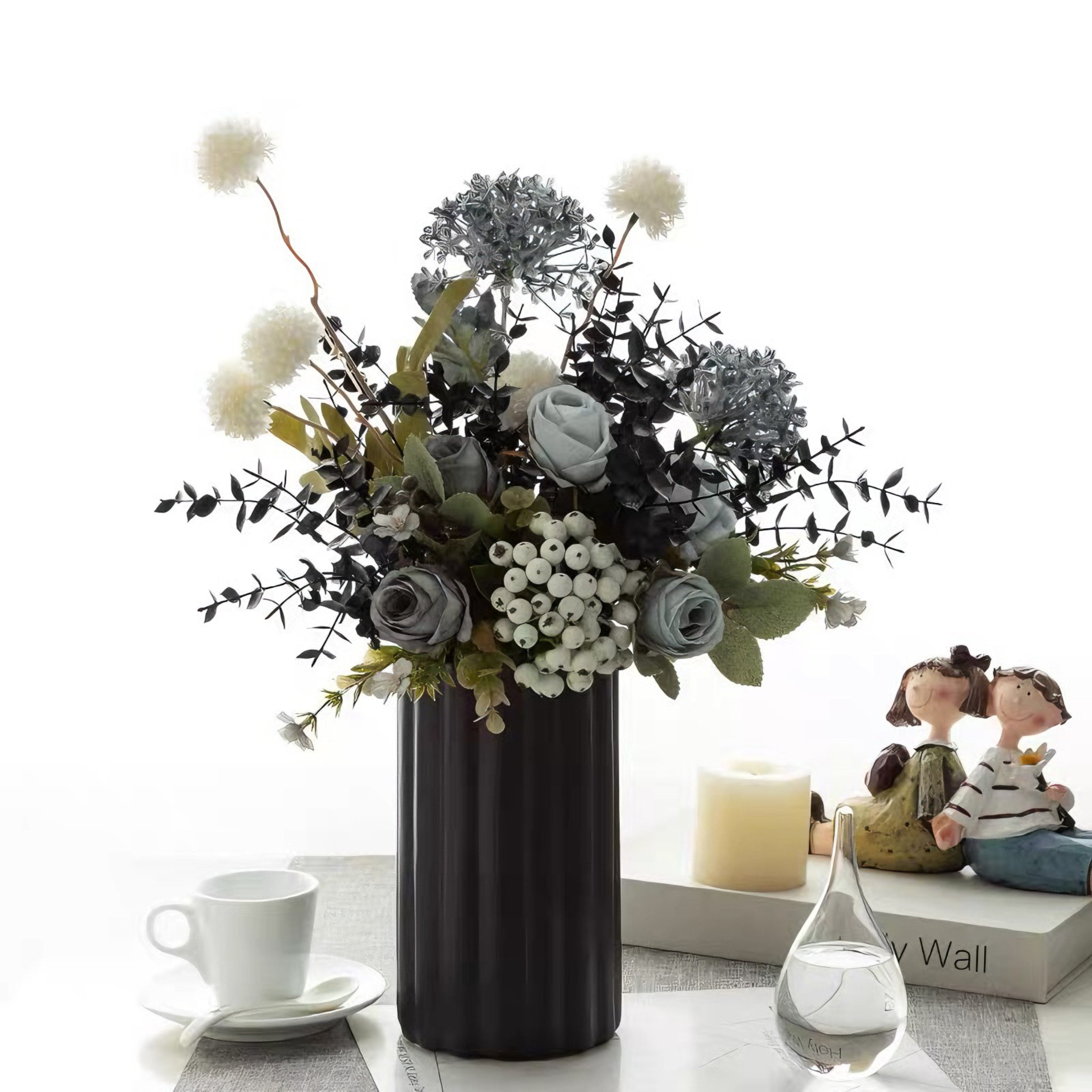 Faux Floral Arrangement - Blue & White Blooms with Dark Foliage