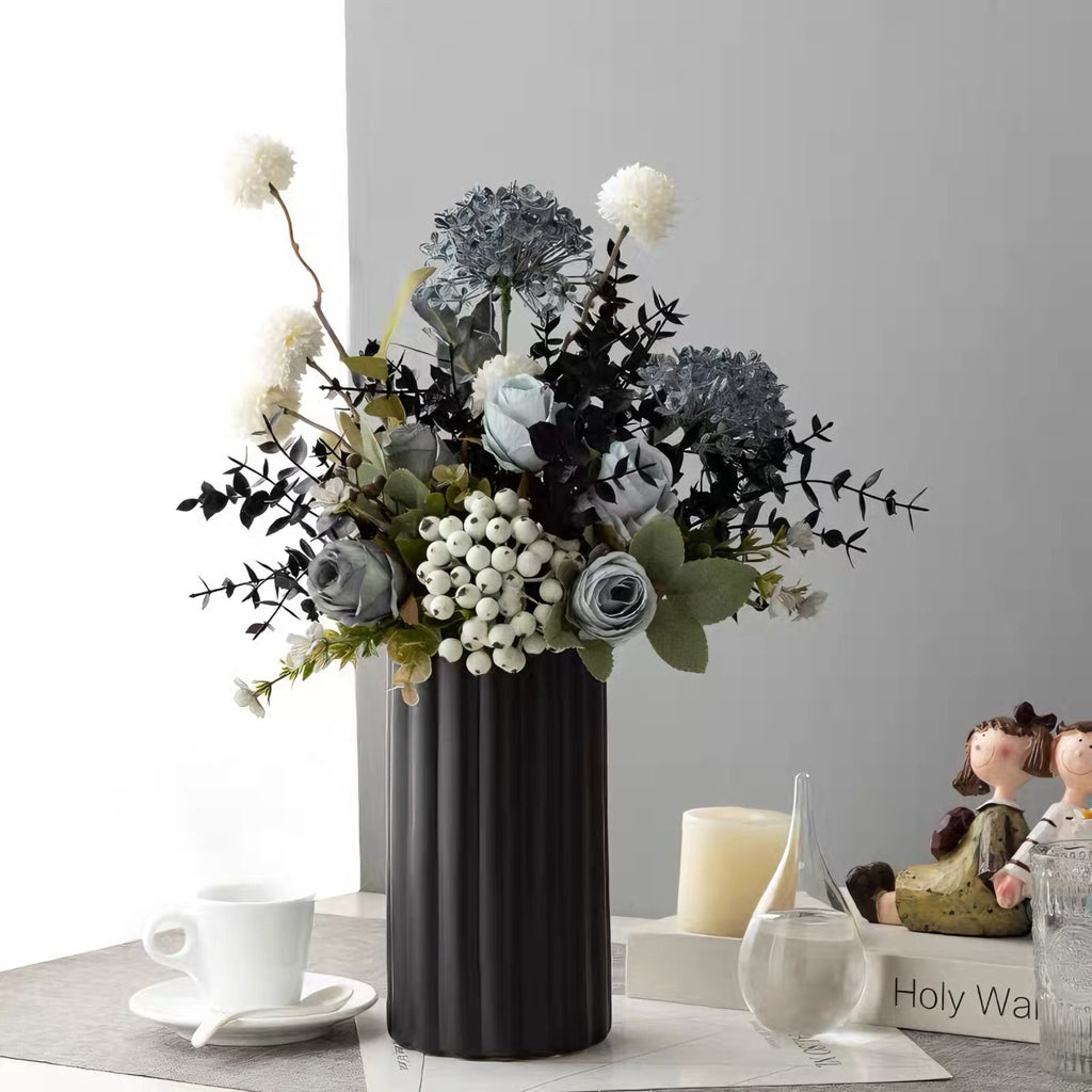 Faux Floral Arrangement - Blue & White Blooms with Dark Foliage