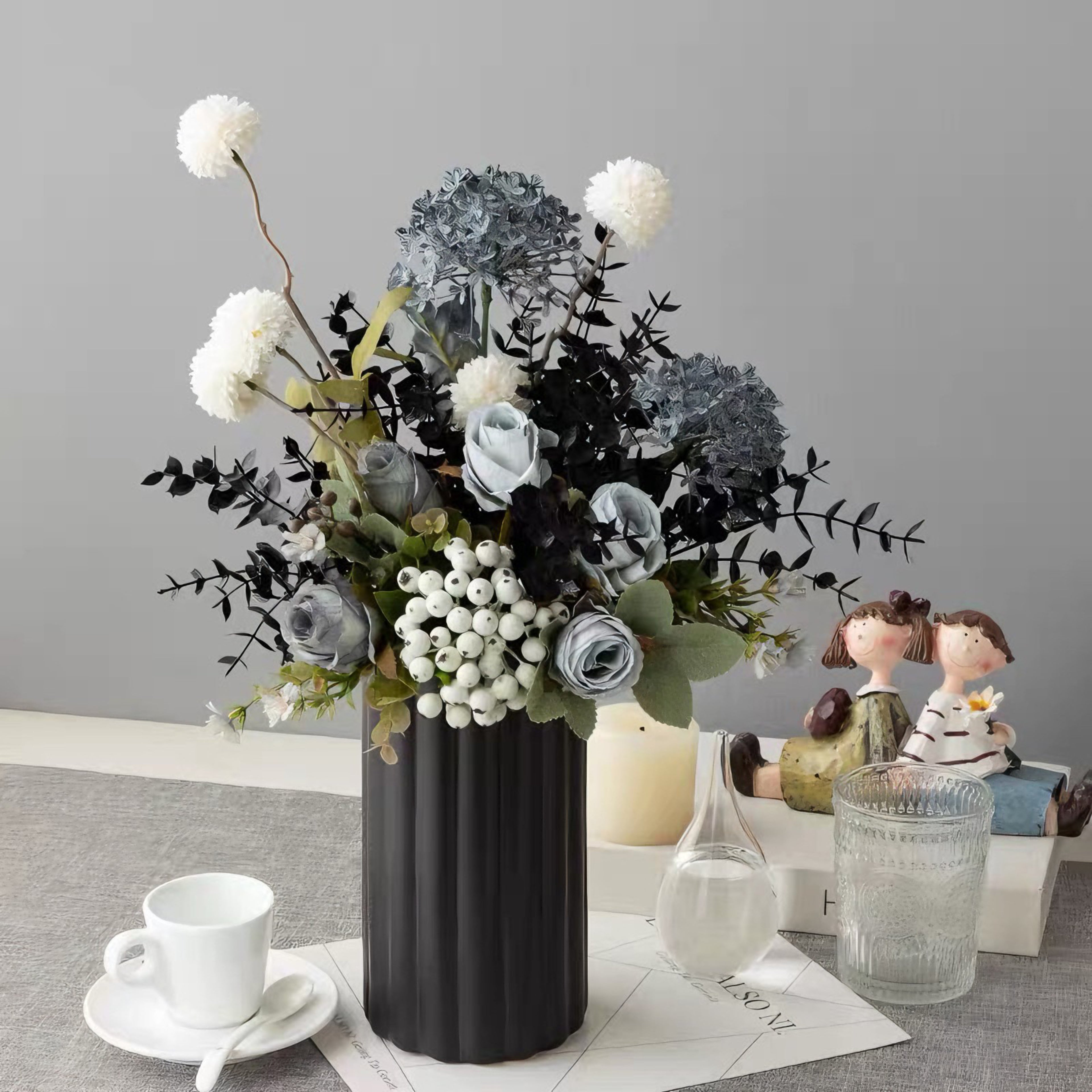 Faux Floral Arrangement - Blue & White Blooms with Dark Foliage