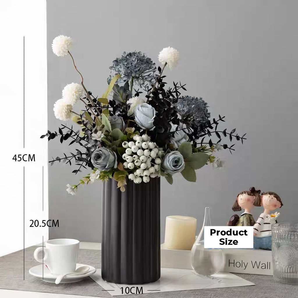 Faux Floral Arrangement - Blue & White Blooms with Dark Foliage