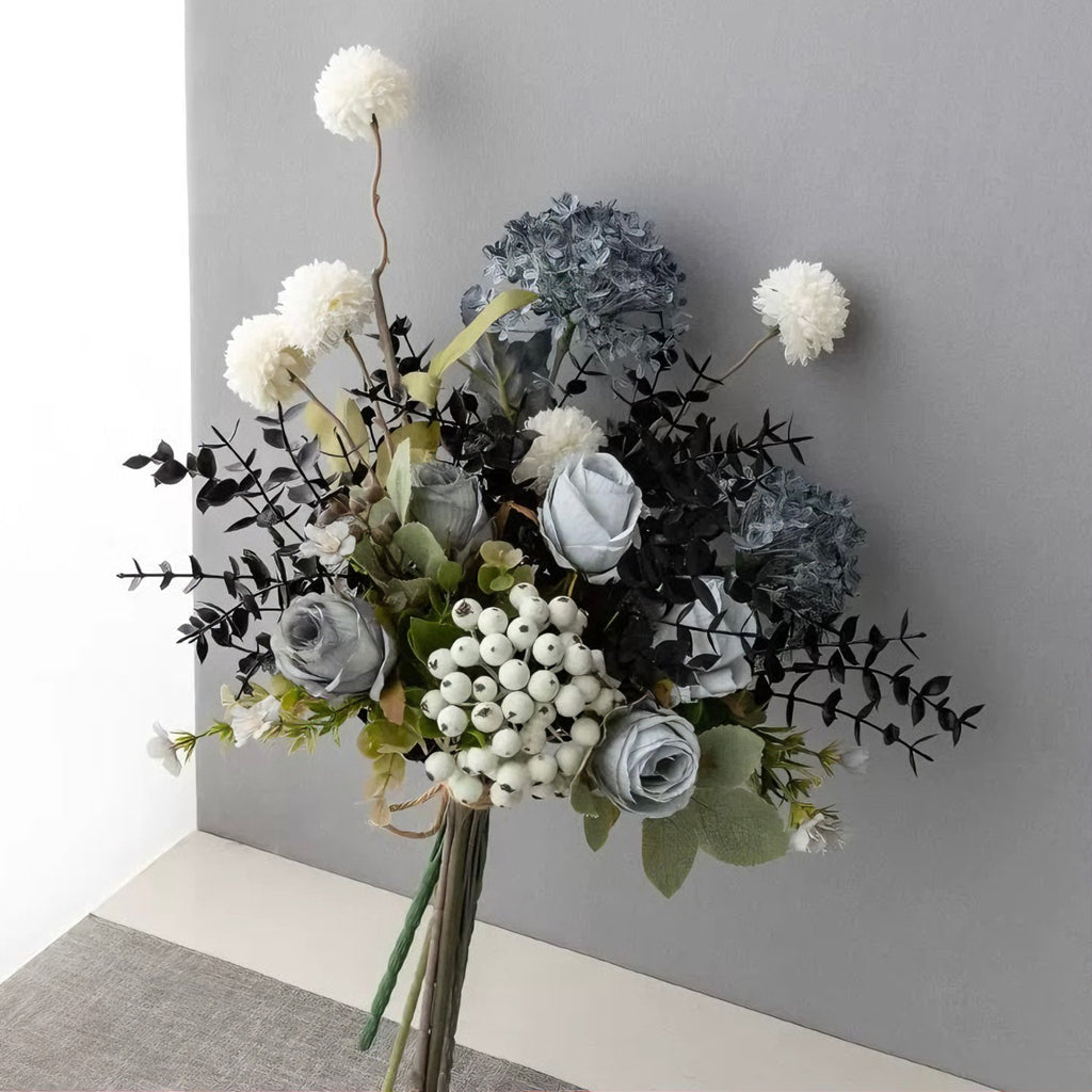 Faux Floral Arrangement - Blue & White Blooms with Dark Foliage