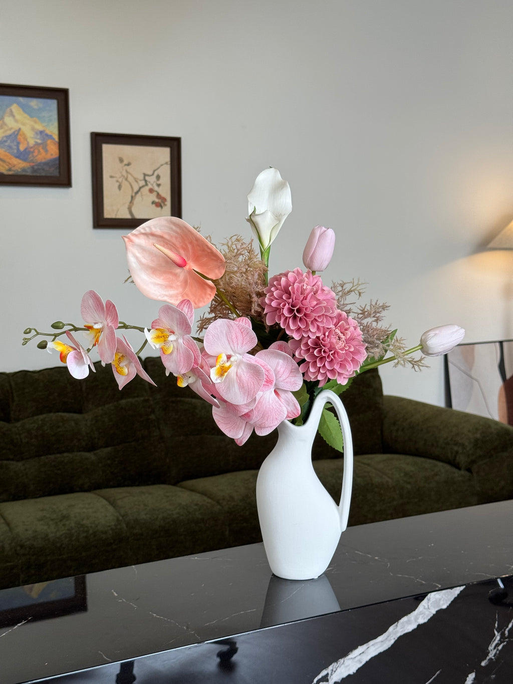 Blush Pink Orchid Anthurium Faux Floral Arrangement