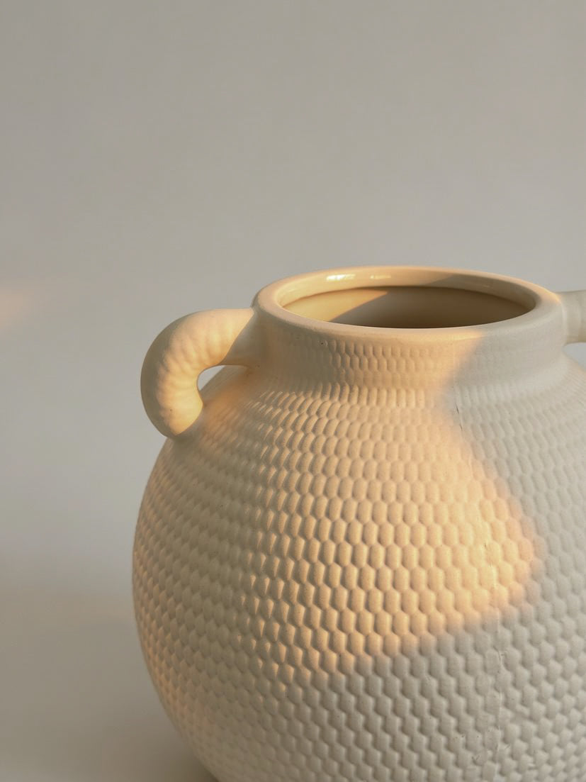 Minimalist Matte White Dimpled Dual Handle Ceramic Vase
