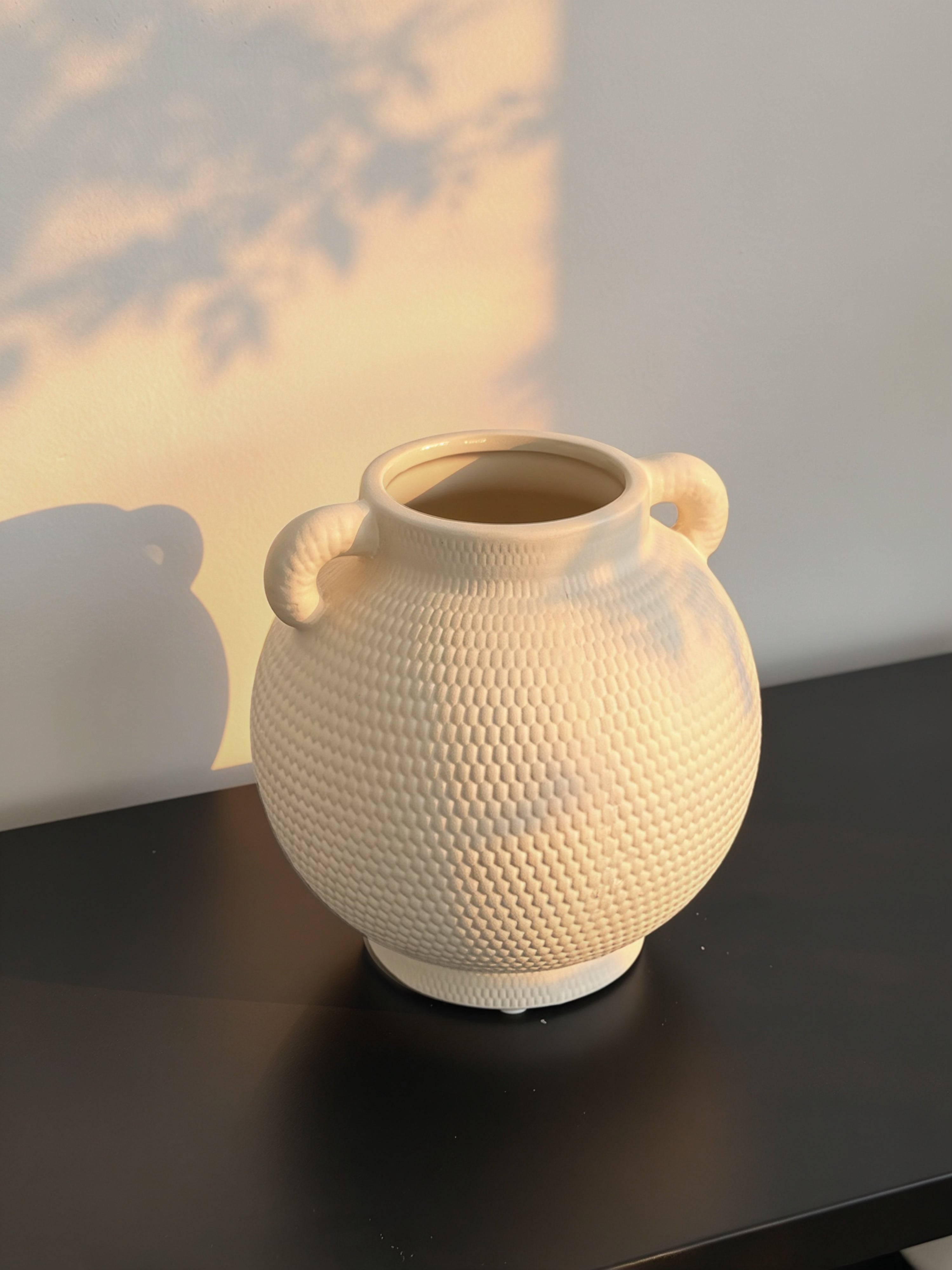 Minimalist Matte White Dimpled Dual Handle Ceramic Vase