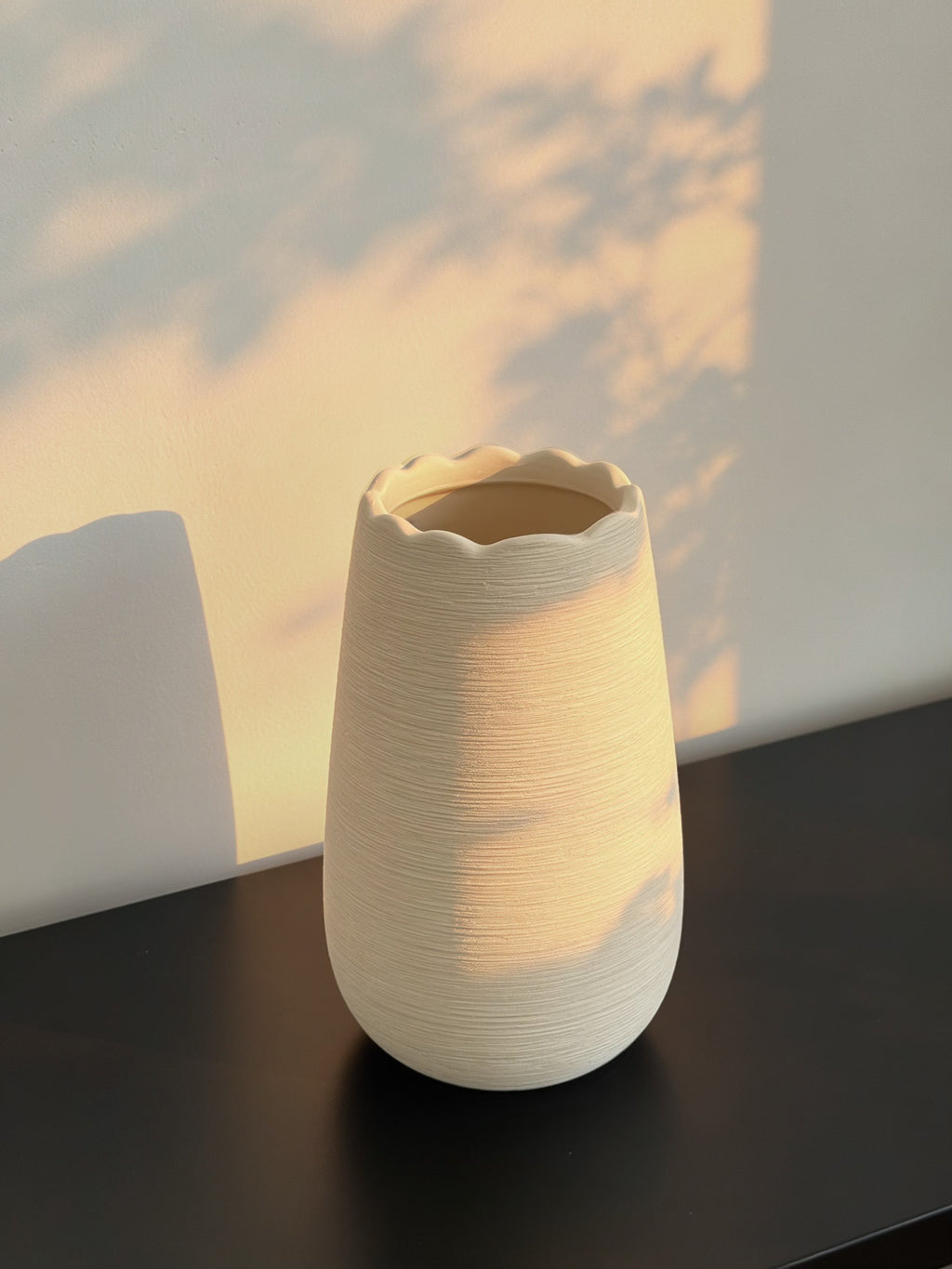Artisan Textured Cream Scalloped Rim Ceramic Vase