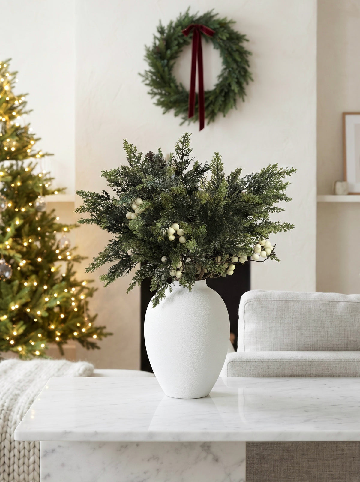 Nordic White Berry and Cedar Botanical Faux Floral Arrangement