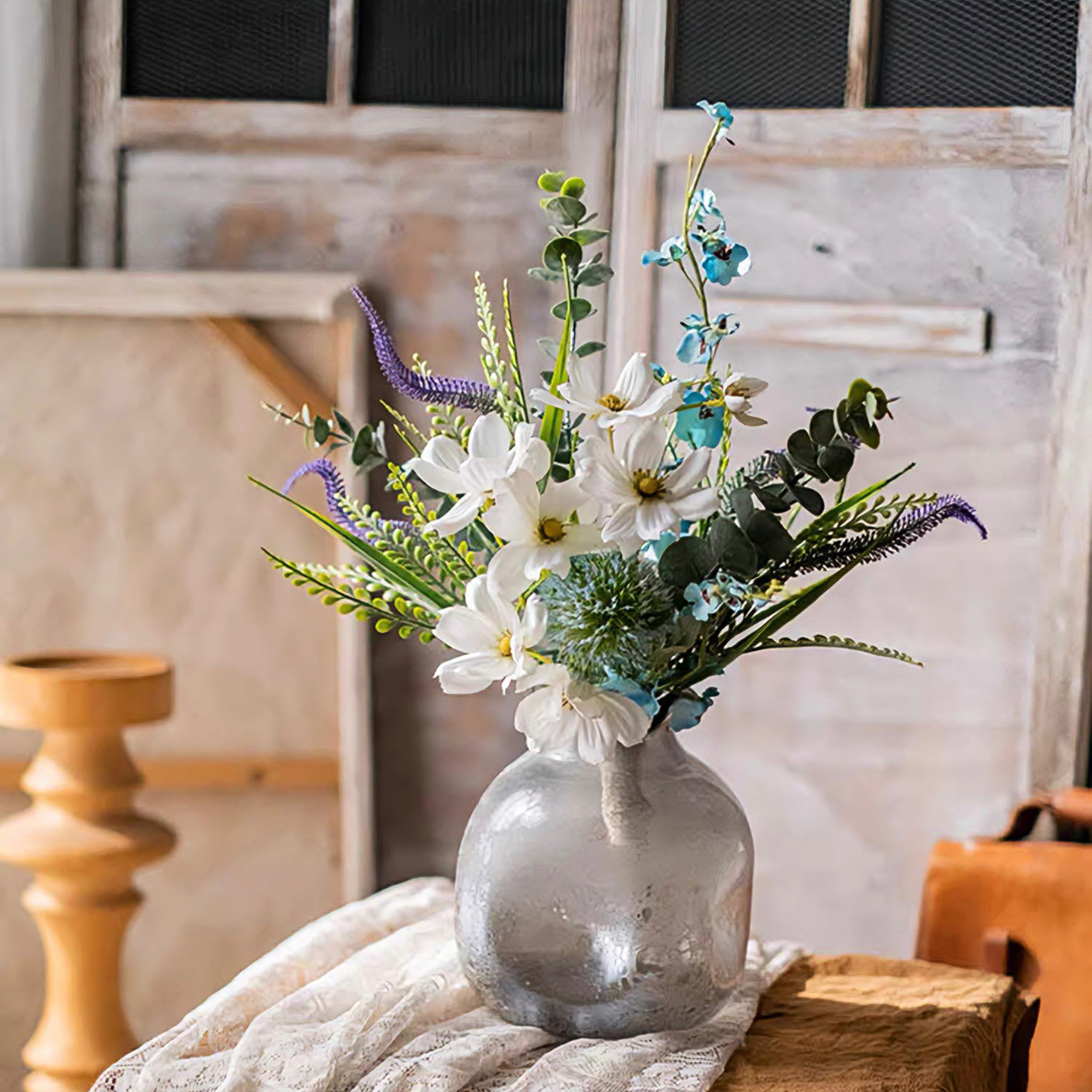 Ethereal White Blossom & Blue Accent Artificial Floral Arrangement