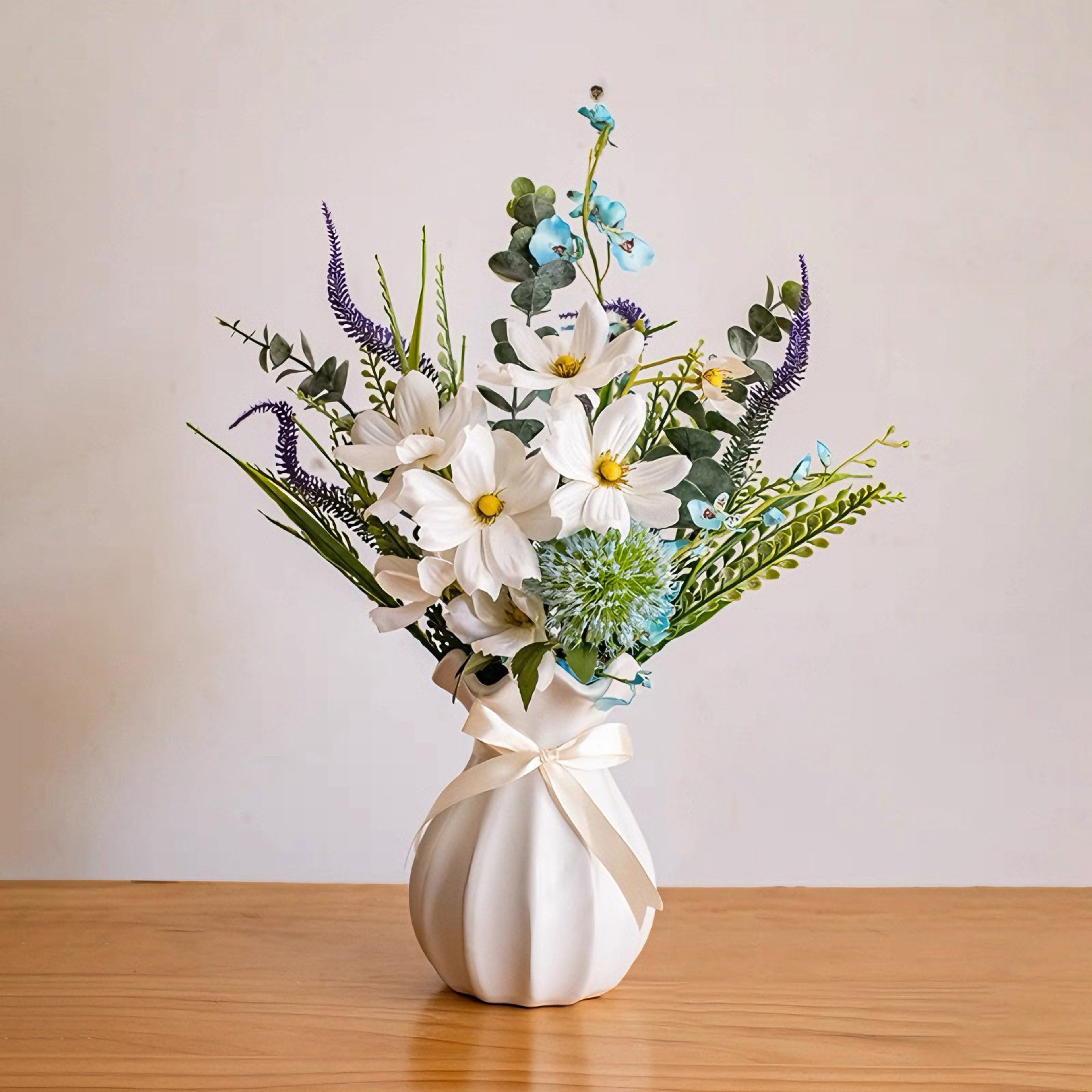 Ethereal White Blossom & Blue Accent Artificial Floral Arrangement