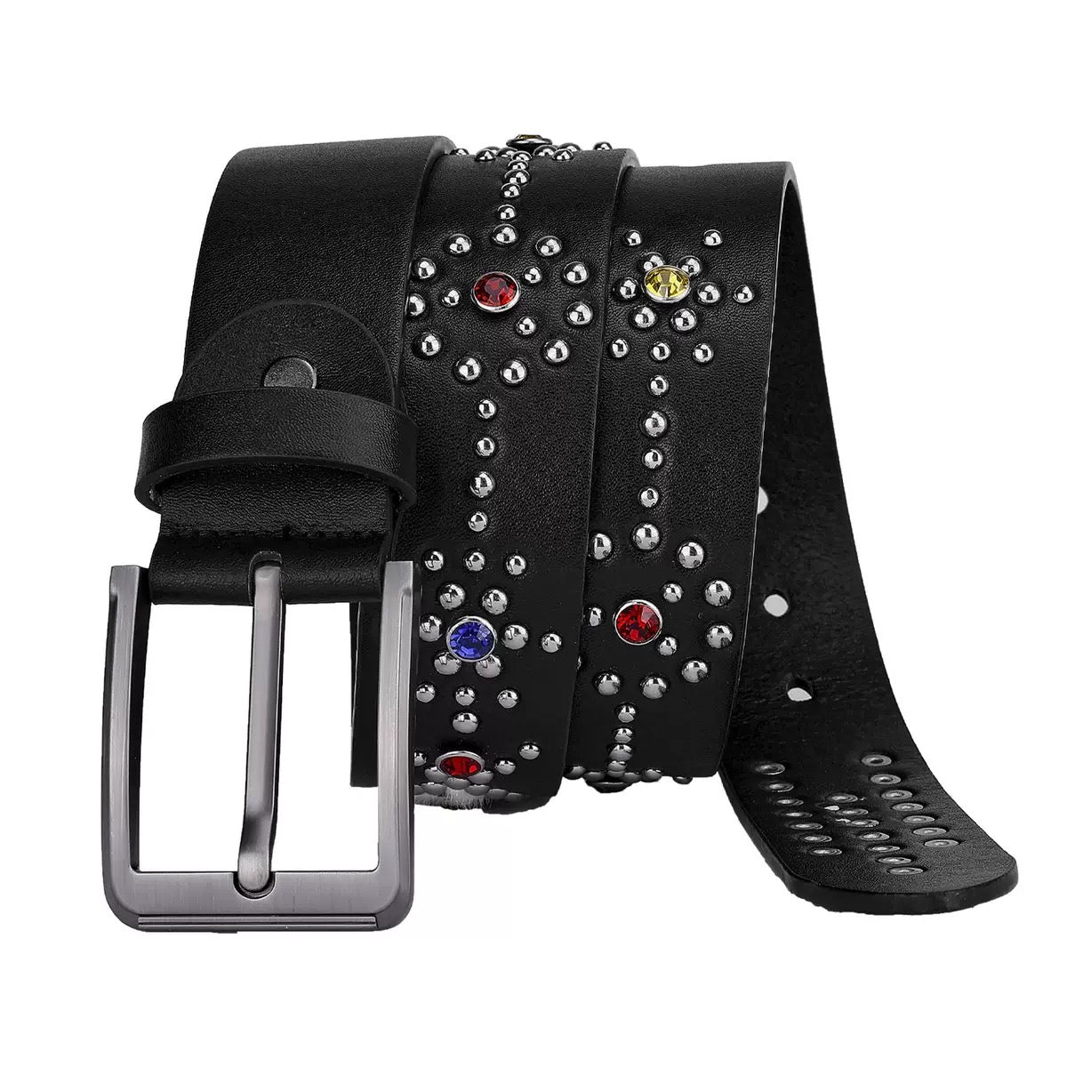 Vintage Studded Rhinestone Black Leather Belt