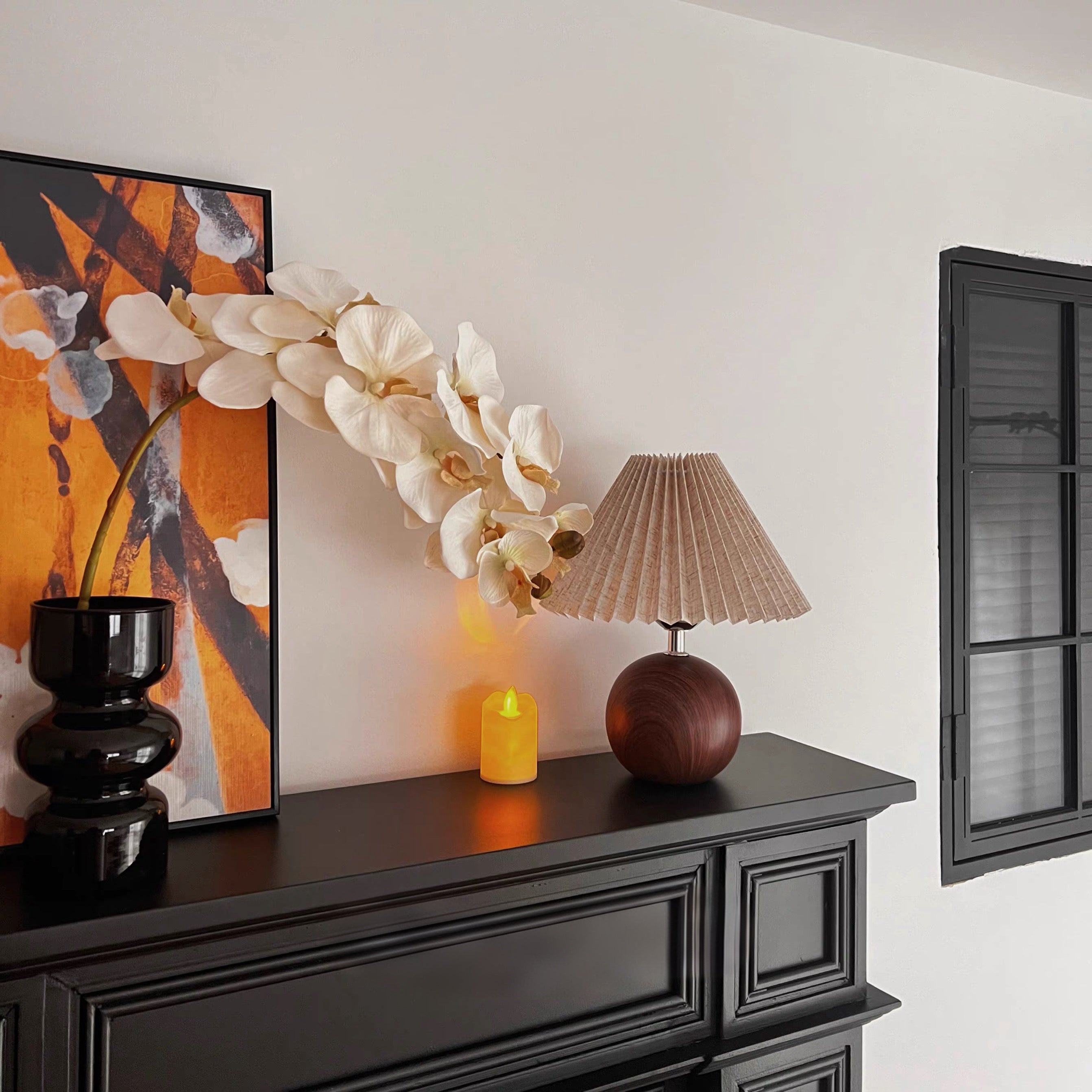 Vintage Ambient Pleated Table Lamp Walnut Wood Sphere Base