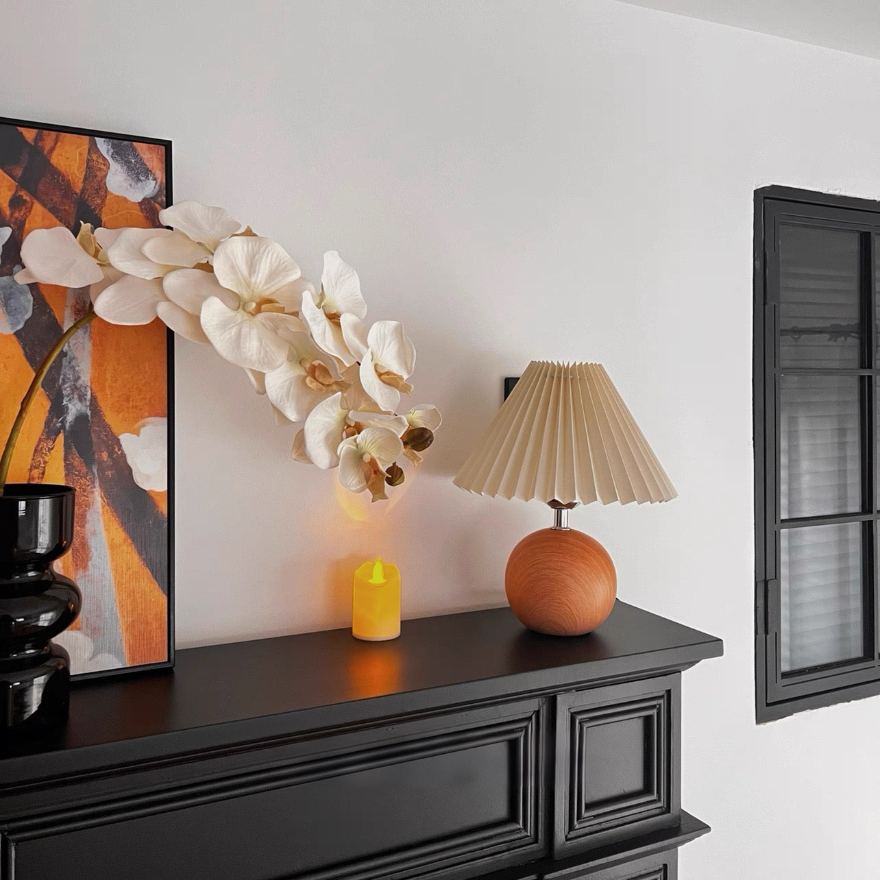 Vintage Ambient Pleated Table Lamp Walnut Wood Sphere Base