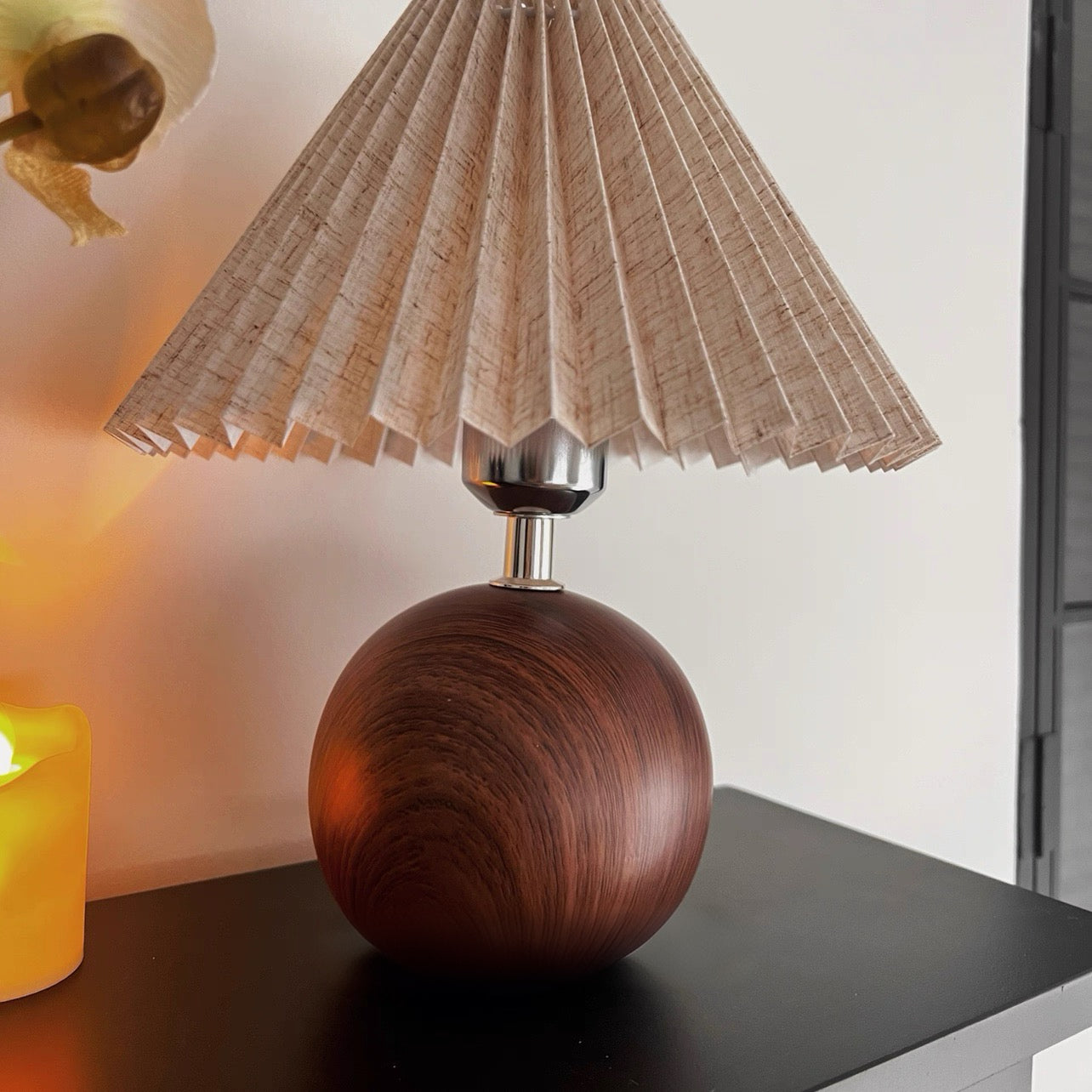 Vintage Ambient Pleated Table Lamp Walnut Wood Sphere Base