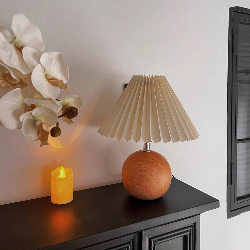 Vintage Ambient Pleated Table Lamp Walnut Wood Sphere Base