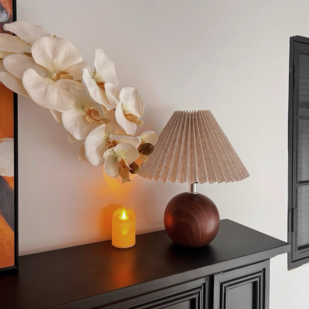 Vintage Ambient Pleated Table Lamp Walnut Wood Sphere Base