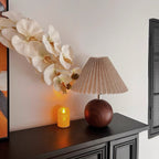 Vintage Ambient Pleated Table Lamp Walnut Wood Sphere Base