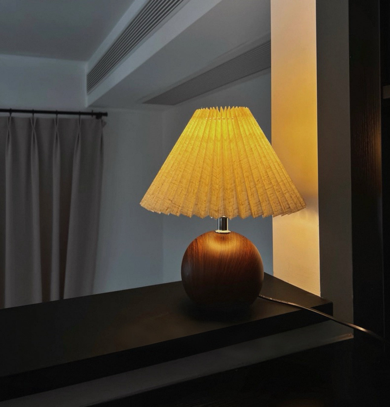 Vintage Ambient Pleated Table Lamp Walnut Wood Sphere Base