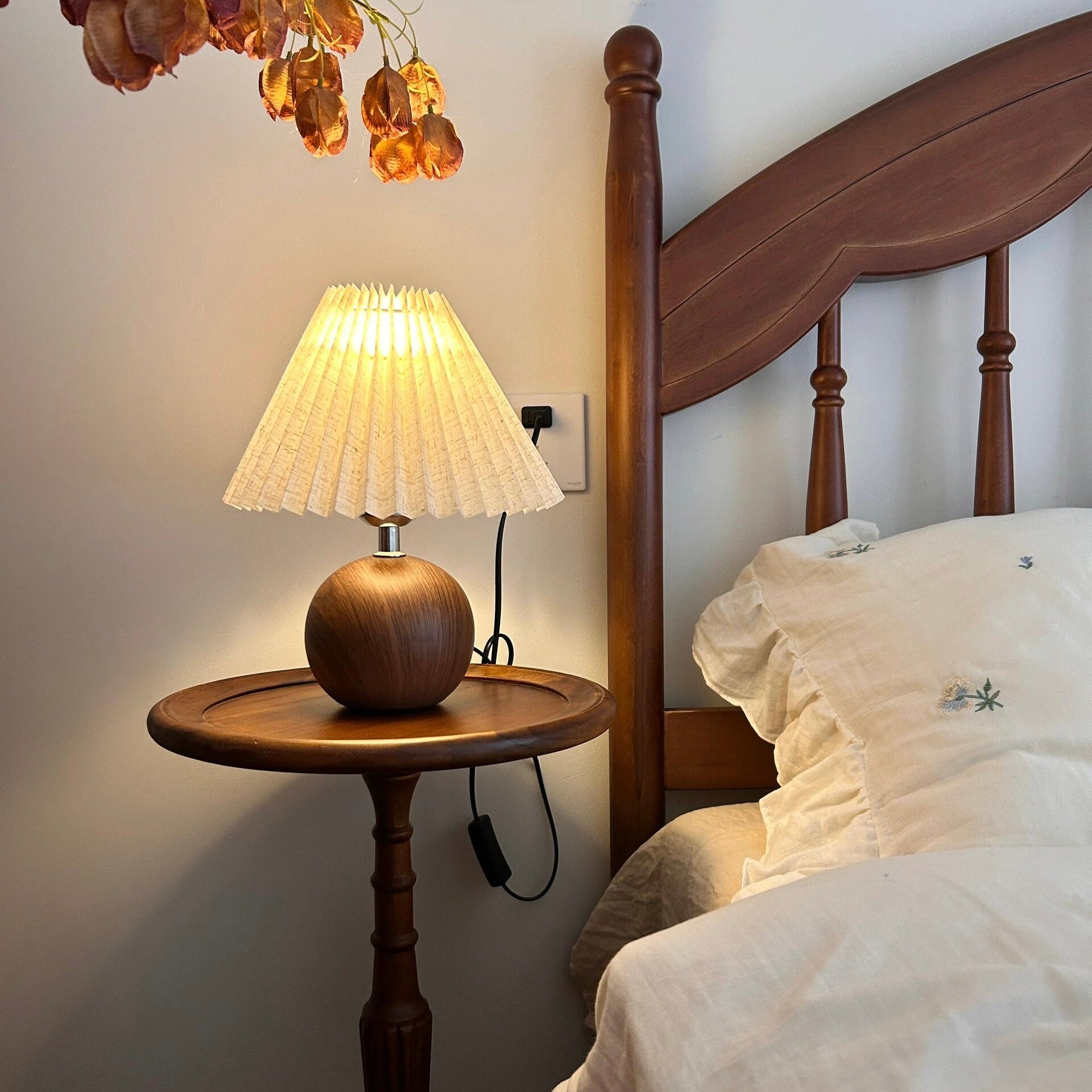 Vintage Ambient Pleated Table Lamp Walnut Wood Sphere Base