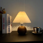 Vintage Ambient Pleated Table Lamp Walnut Wood Sphere Base