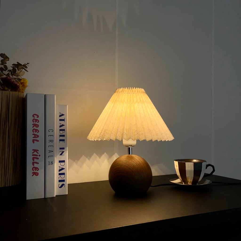Vintage Ambient Pleated Table Lamp Walnut Wood Sphere Base