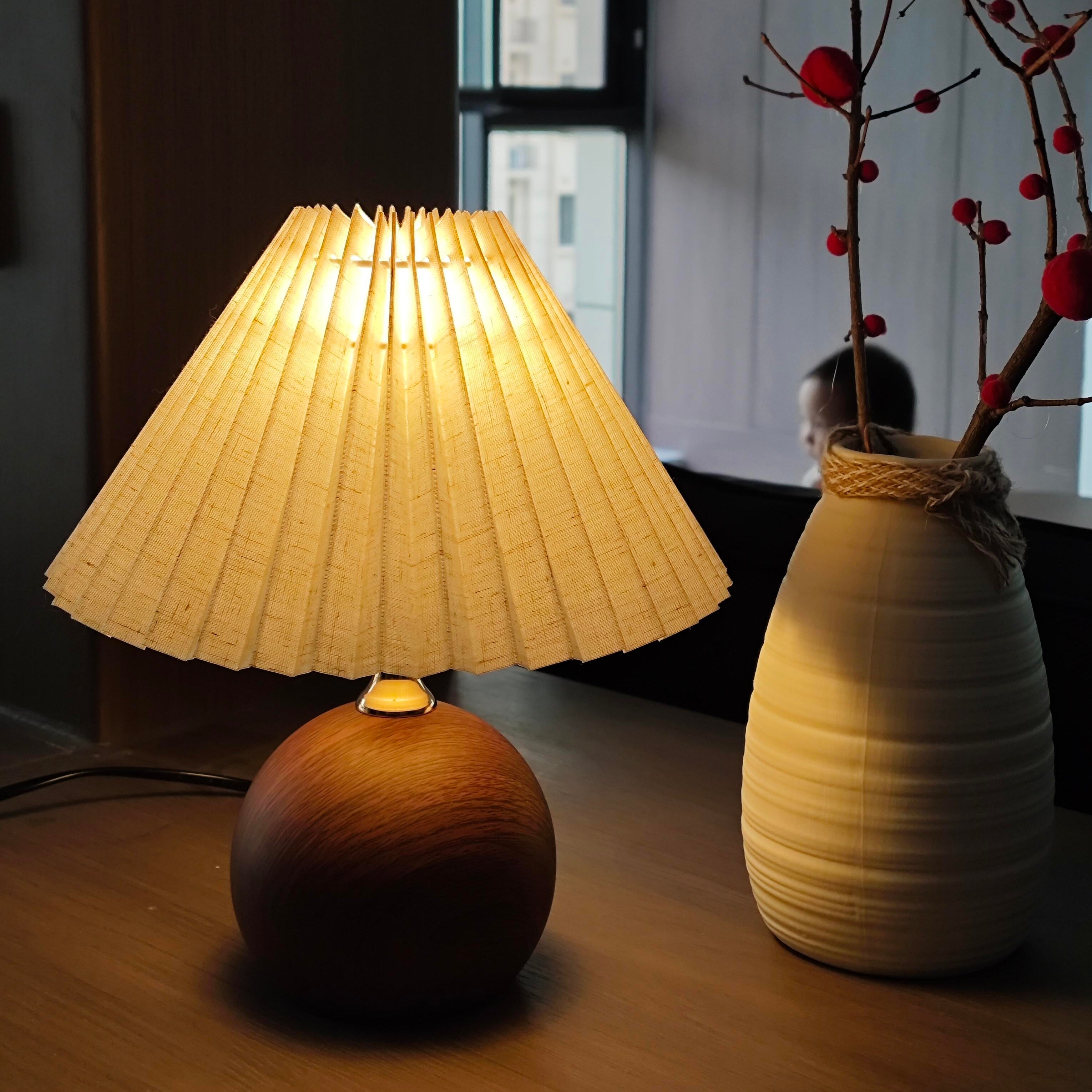 Vintage Ambient Pleated Table Lamp Walnut Wood Sphere Base