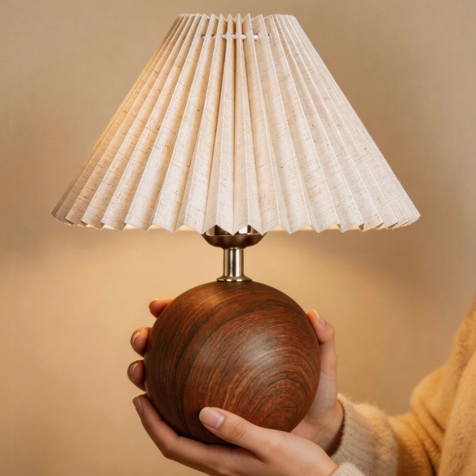 Vintage Ambient Pleated Table Lamp Walnut Wood Sphere Base