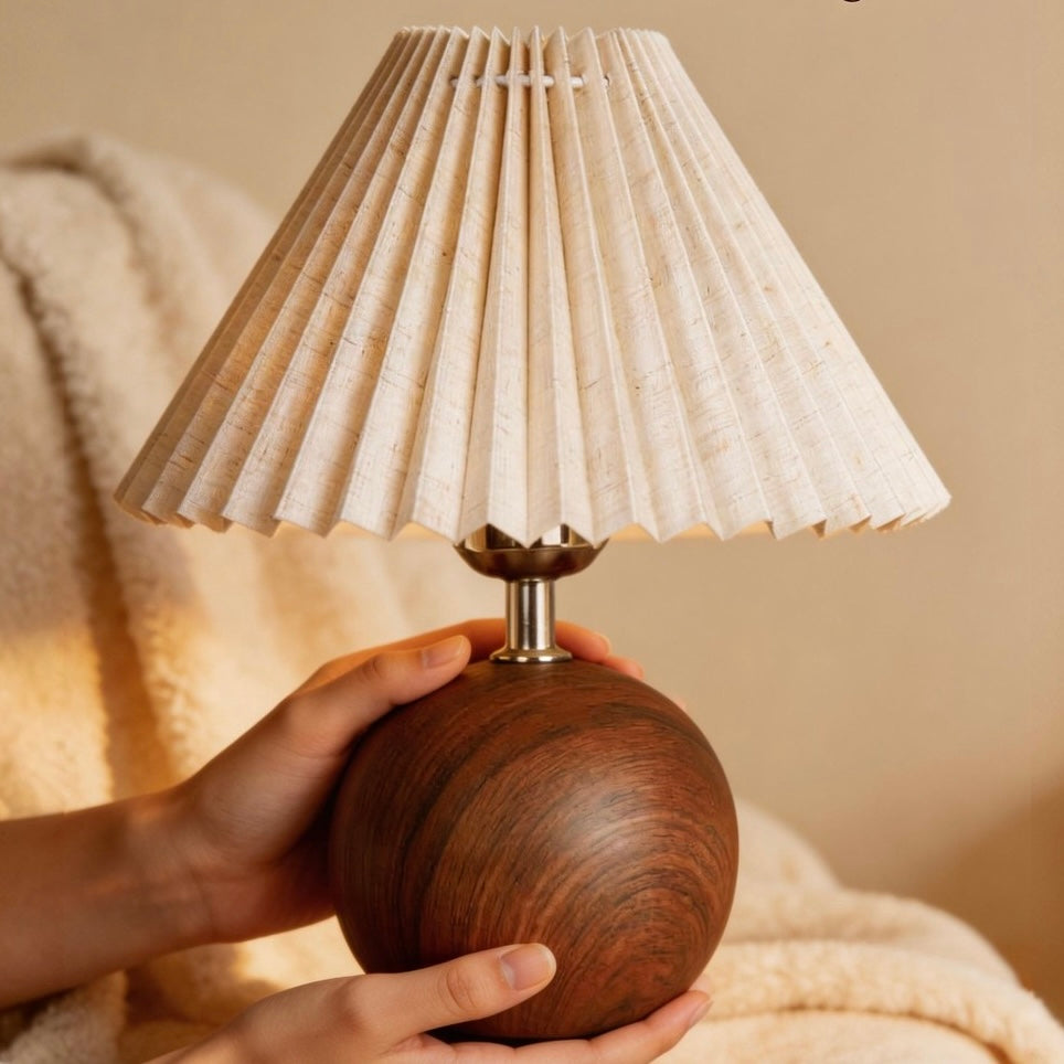 Vintage Ambient Pleated Table Lamp Walnut Wood Sphere Base