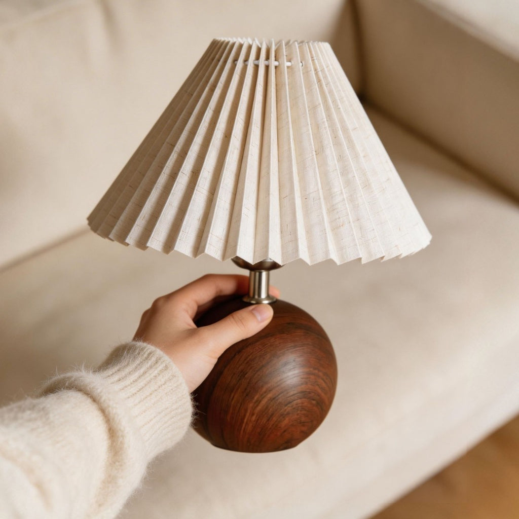 Vintage Ambient Pleated Table Lamp Walnut Wood Sphere Base