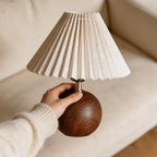 Vintage Ambient Pleated Table Lamp Walnut Wood Sphere Base