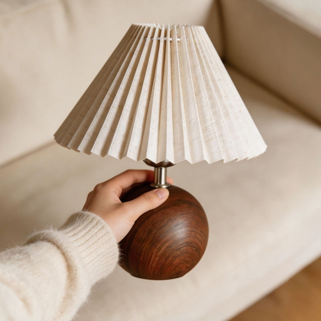 Vintage Ambient Pleated Table Lamp Walnut Wood Sphere Base