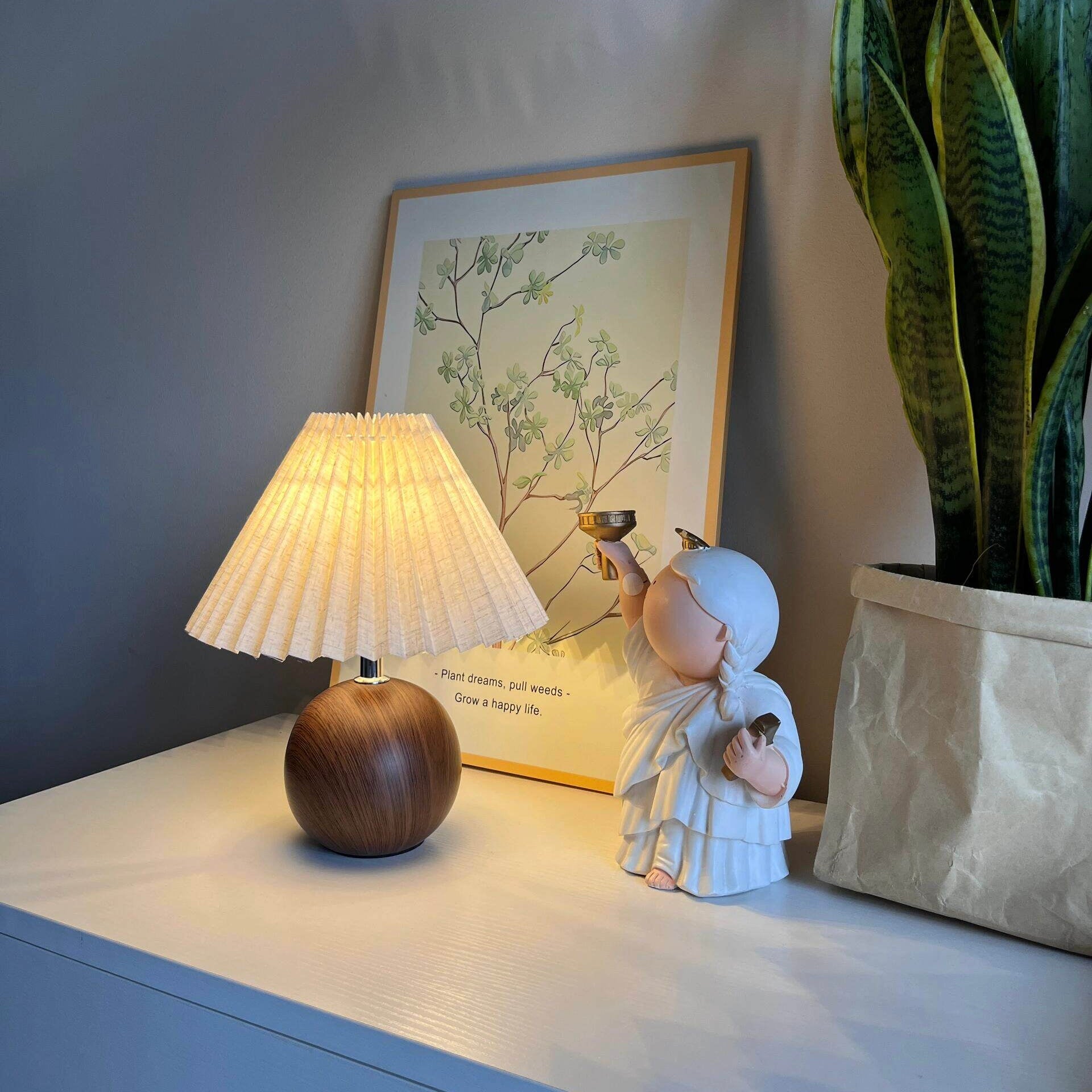 Vintage Ambient Pleated Table Lamp Walnut Wood Sphere Base