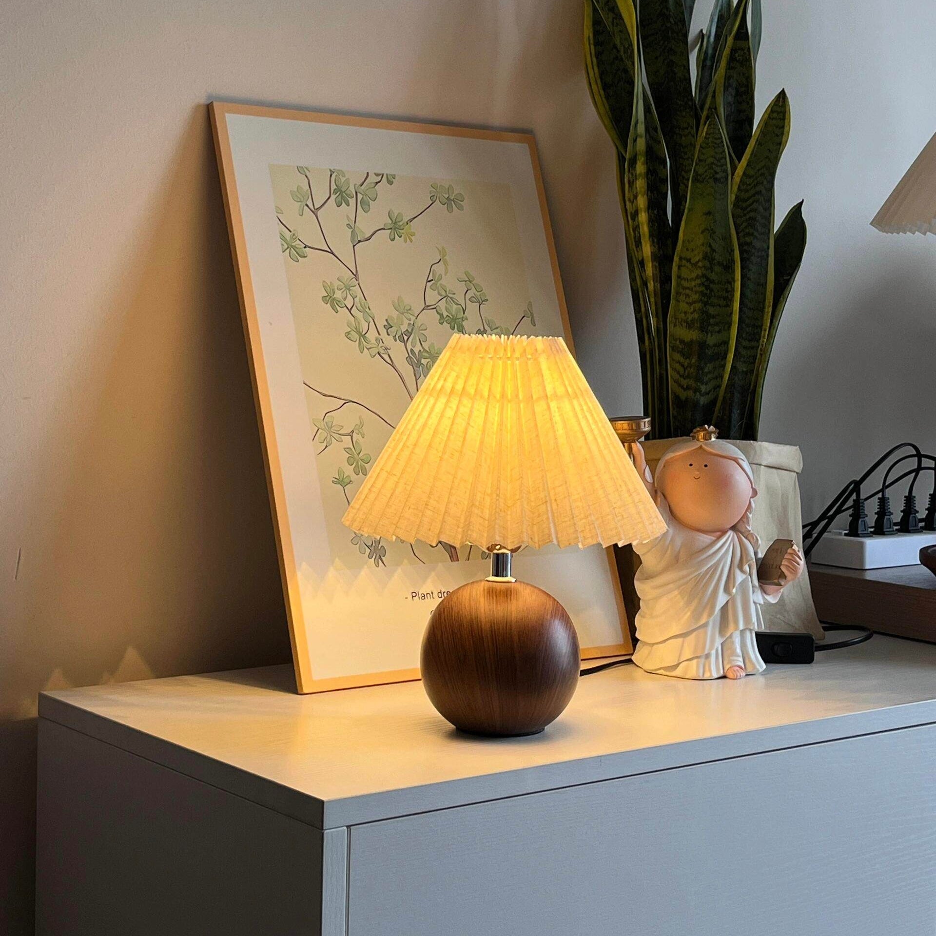 Vintage Ambient Pleated Table Lamp Walnut Wood Sphere Base