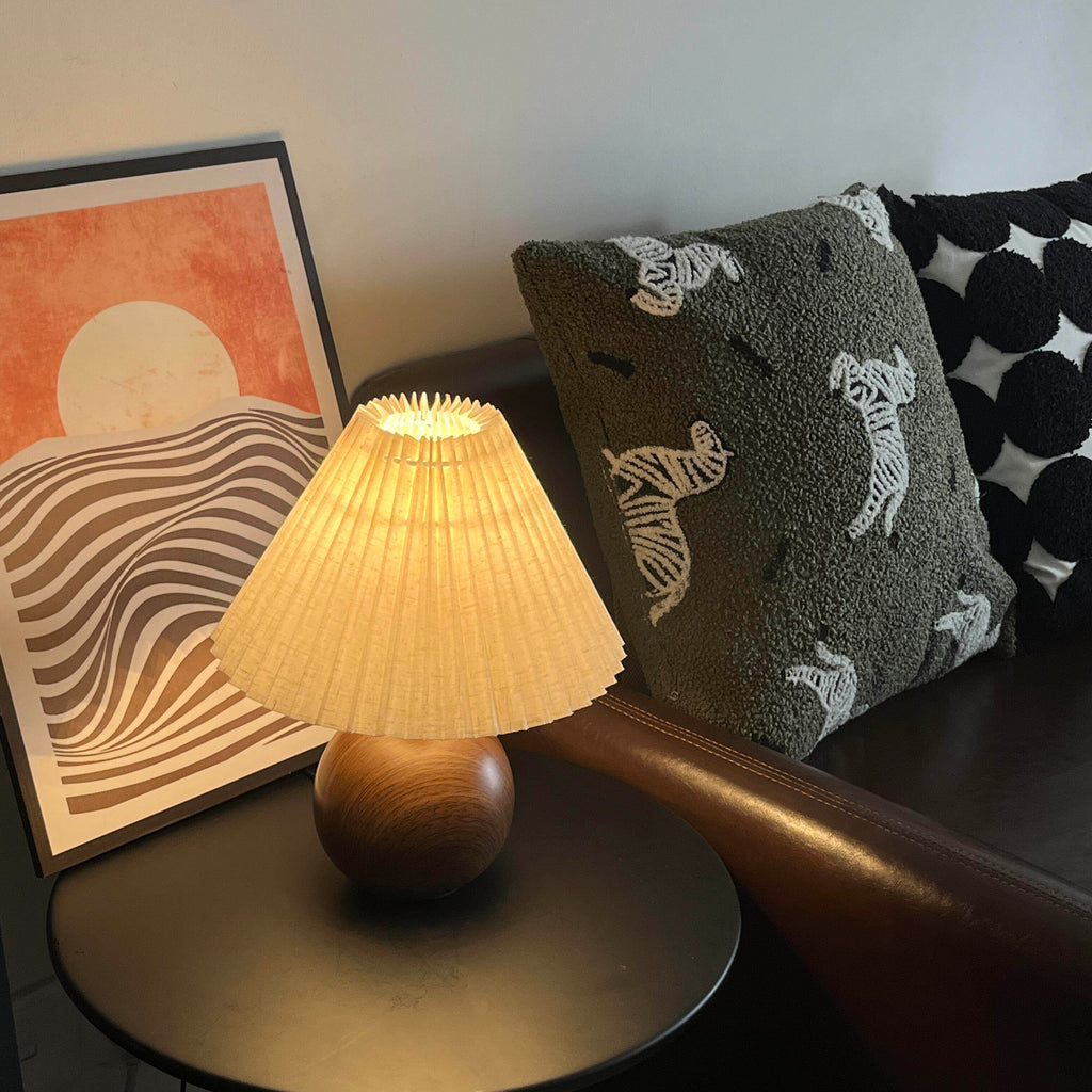 Vintage Ambient Pleated Table Lamp Walnut Wood Sphere Base