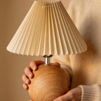 Vintage Ambient Pleated Table Lamp Walnut Wood Sphere Base