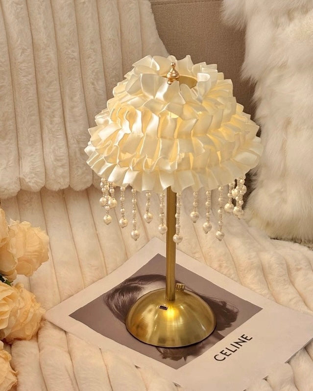 Luxury French Ruffled Satin Shade Table Lamp with Brushed Gold Base