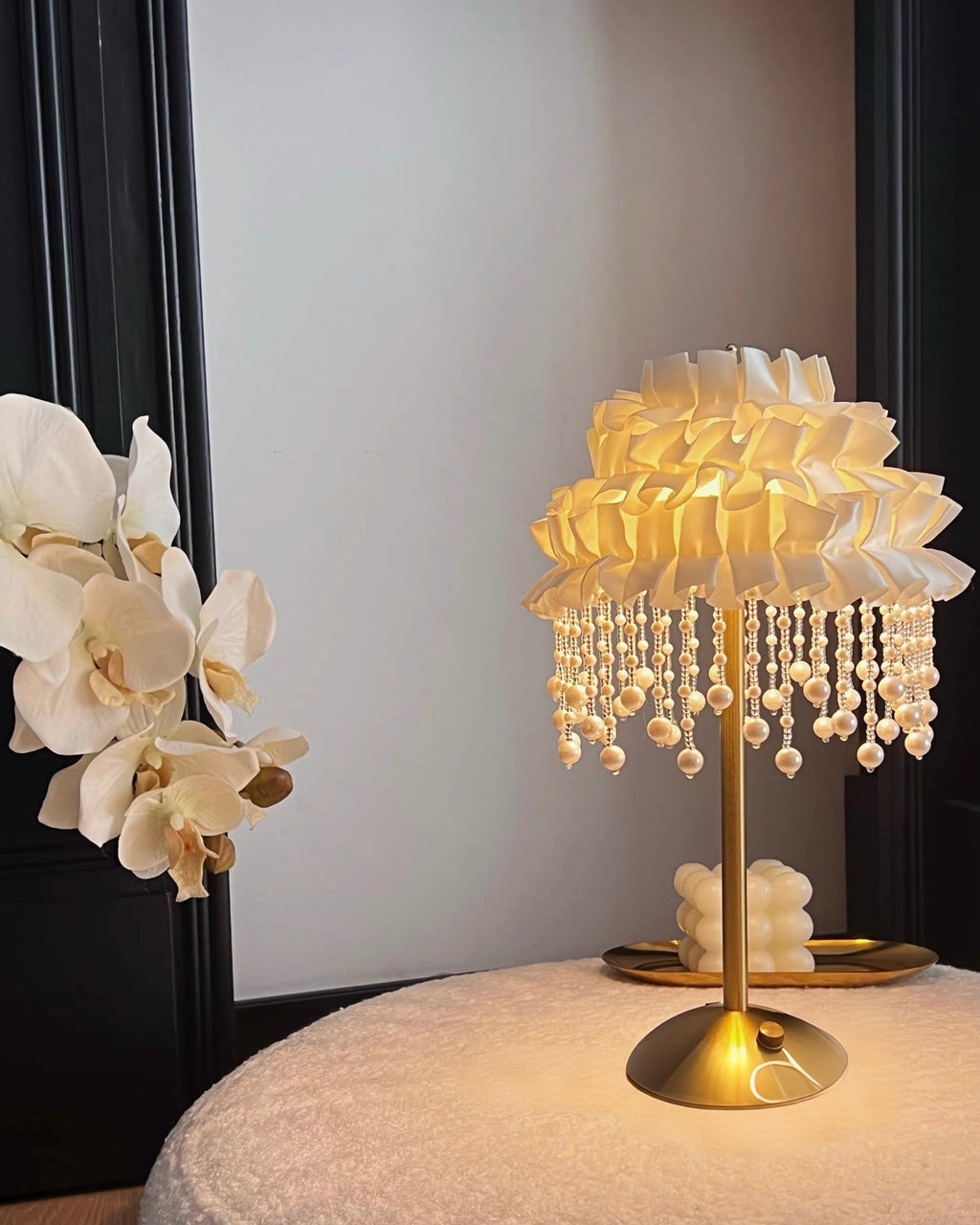 Luxury French Ruffled Satin Shade Table Lamp with Brushed Gold Base