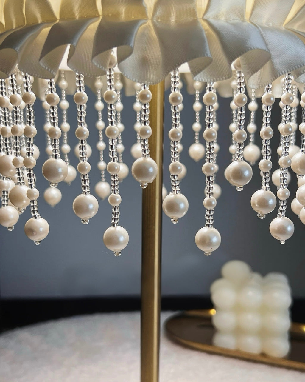 Luxury French Ruffled Satin Shade Table Lamp with Brushed Gold Base