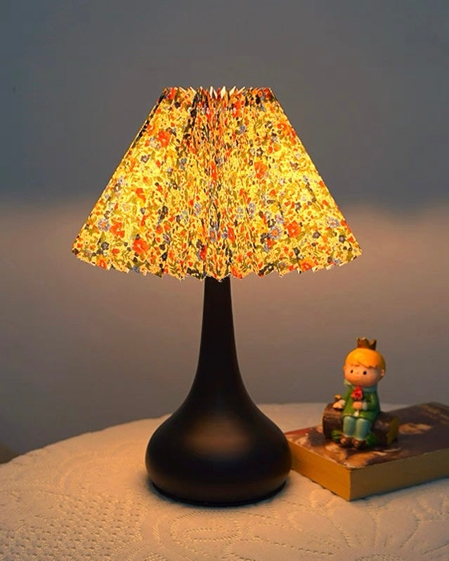 Vintage Floral Pleated Fabric Table Lamp with Teardrop Ceramic Base