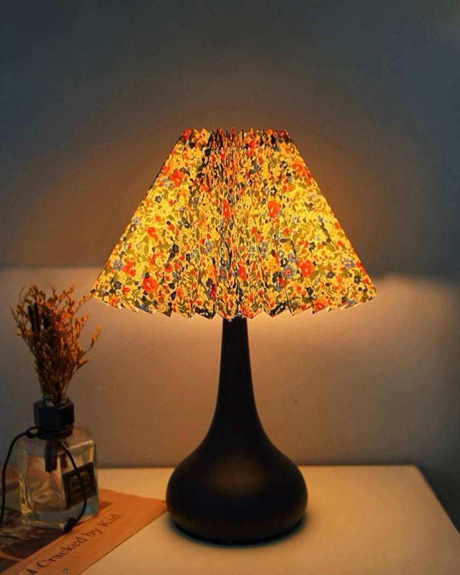 Vintage Floral Pleated Fabric Table Lamp with Teardrop Ceramic Base