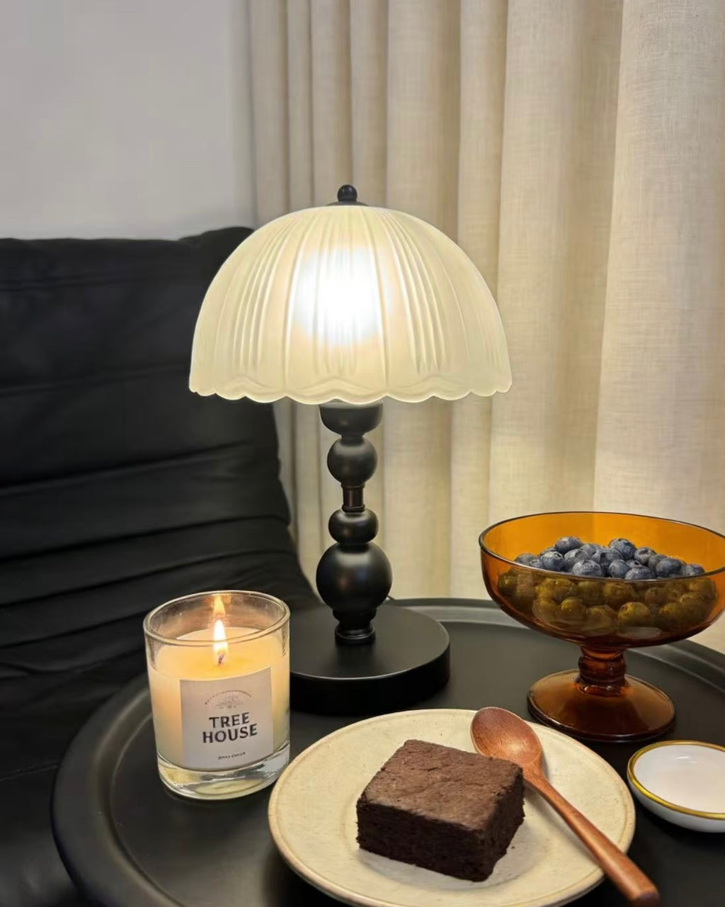 Vintage Ribbed Frosted Glass Table Lamp with Matte Black Metal Base