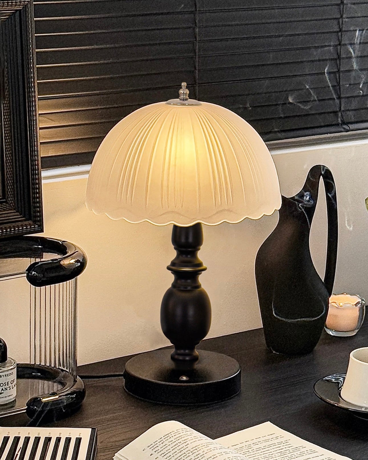 Vintage Ribbed Frosted Glass Table Lamp with Matte Black Metal Base